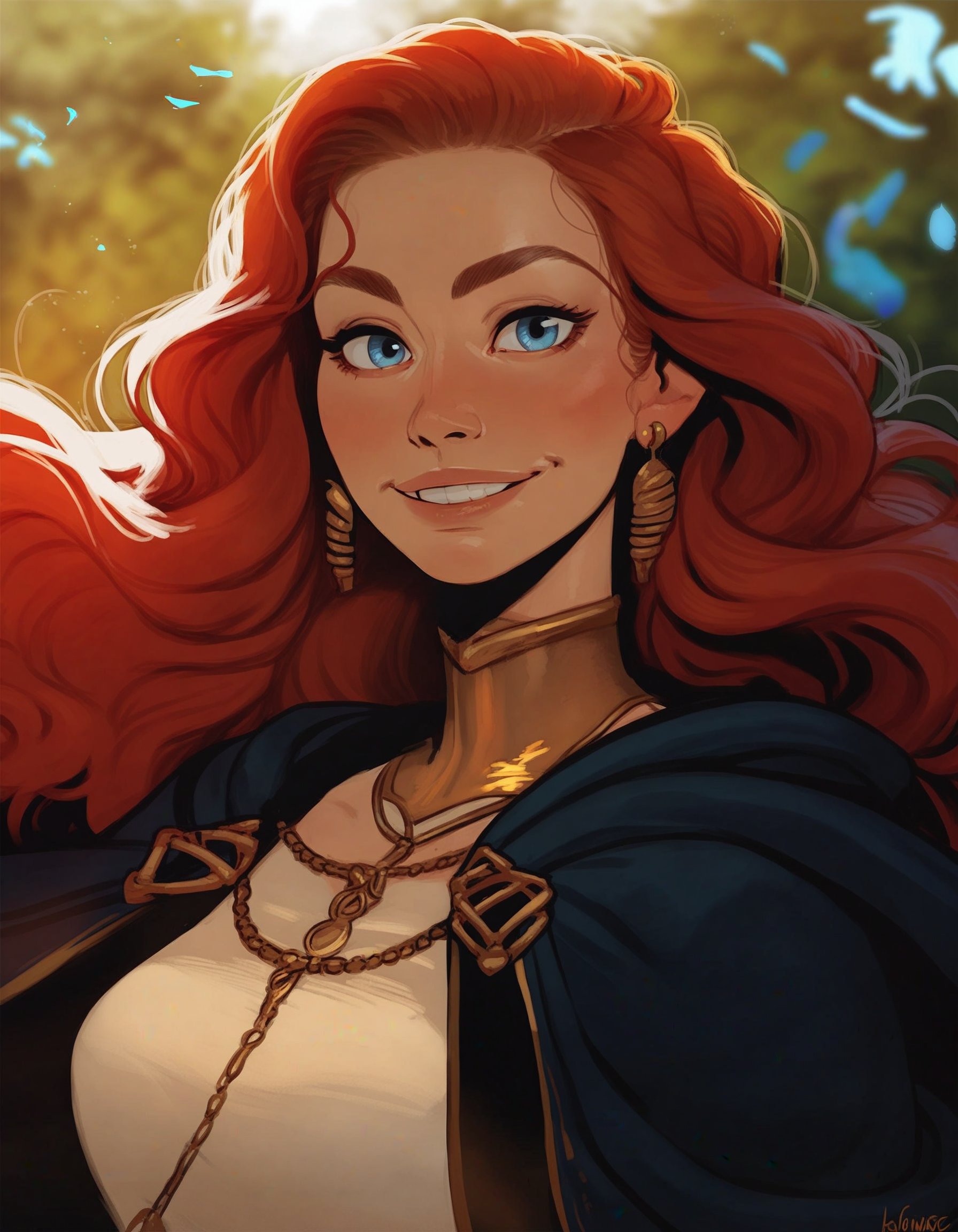 1girl, female, solo, portrait, female focus,red hair, blue eyes, long hair, light skin, smile,looking at viewer, outdoors,beautiful, blue cloak, gold inlay, earrings,BREAKscore_9, score_8_up, score_7_up, score_6_up, score_5_up, score_4_up, source_cartoon, rating_safe<lora:incase_style_v3-1_ponyxl_ilff:1>