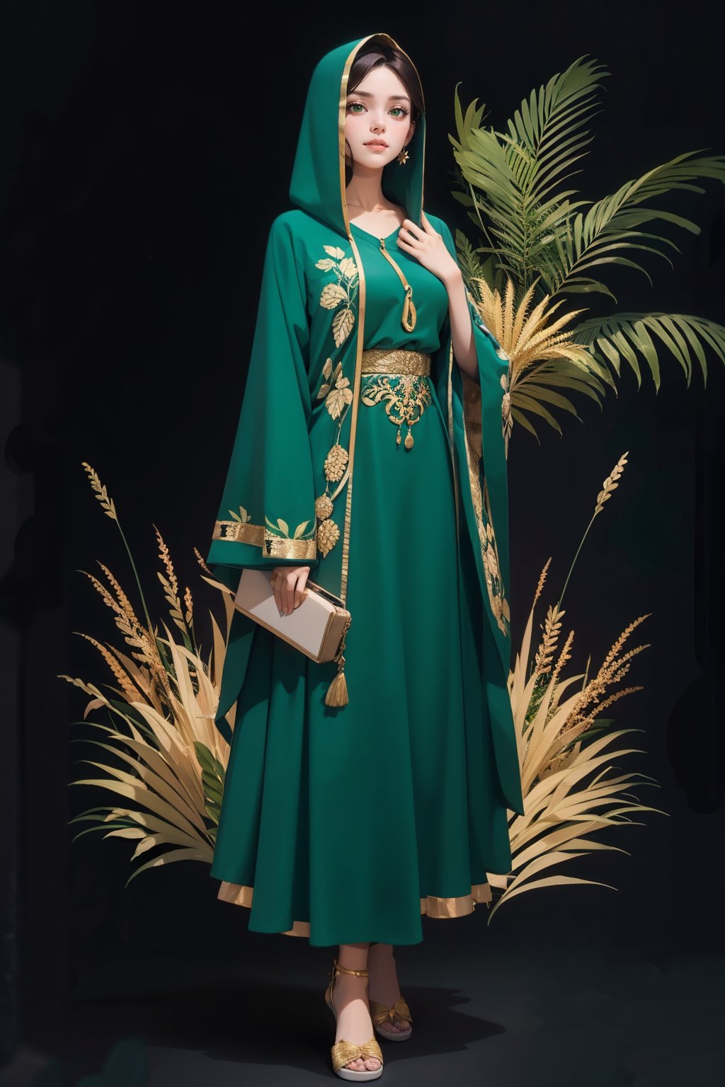 masterpiece, best quality, <lora:age_slider_v20:1>  <lora:detail_slider_v4:2> 1girl, BurqaDr3ss, long sleeves dress, full body, hood, wide sleeves, hood up, green dress, <lora:BurqaDr3ss:0.7> black background