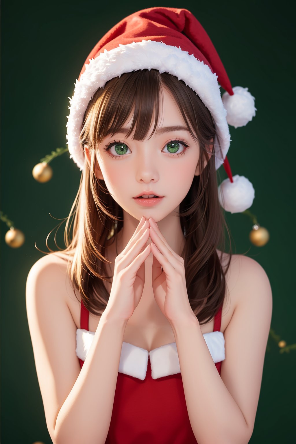 ((upper body of dynamic pose of a girl)),((Pure green background:1.2)),A whimsical girl in festive attire,complete with a Christmas tree hat and holiday decorations. Her saluting pose and worried expression add a touch of playful innocence to the holiday spirit.,