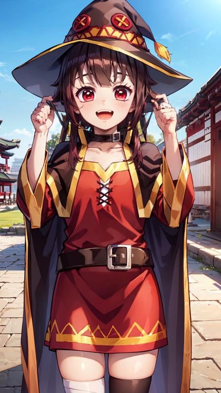 building, east asian architecture, day, hat, looking at viewer, open mouth, outdoors, cowboy shot, smile, solo, teeth, cape, 1girl, red eyes, <lora:kny_v1-000030:0.9>, <lora:megumin_v2:0.6>, megumin, megumindef