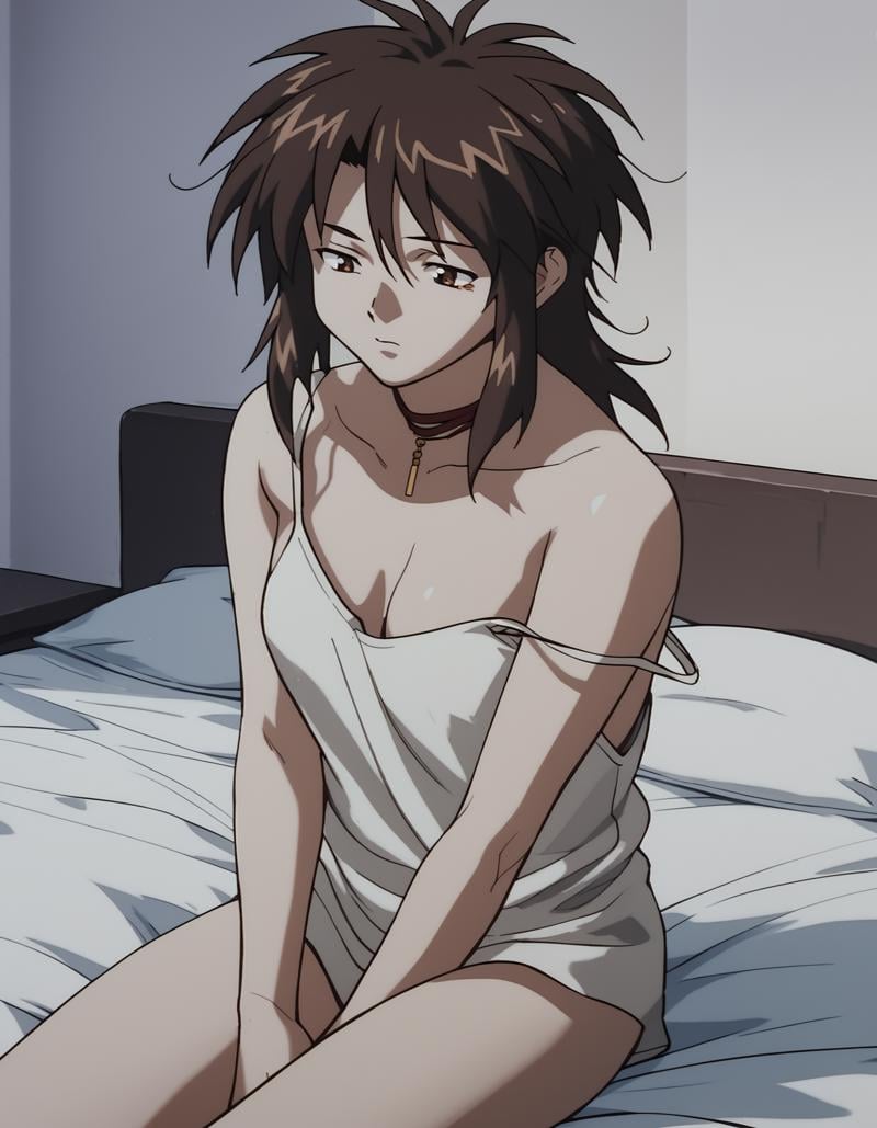 score_9,  score_8_up, score_7_up, source_anime, <lora:priss-v3-ponyxl-000005:1> priss, brown eyes, ribbon choker, white tank top, strap slip, no pants, sitting, bed, rubbing eyes, waking up, messy hair,