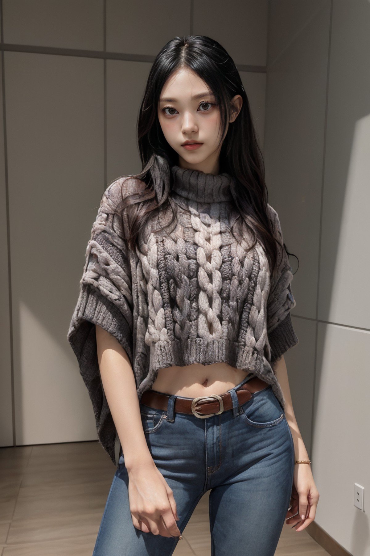 (masterpiece, best quality, 8k, RAW photo, beautiful and aesthetic:1.2), complex detail, Indirect light, photorealistic,((woman:1.5)),  Aran sweater poncho worn with a belt, skinny jeans, and knee-high boots,<lora:CatKang:1>, catkang, 