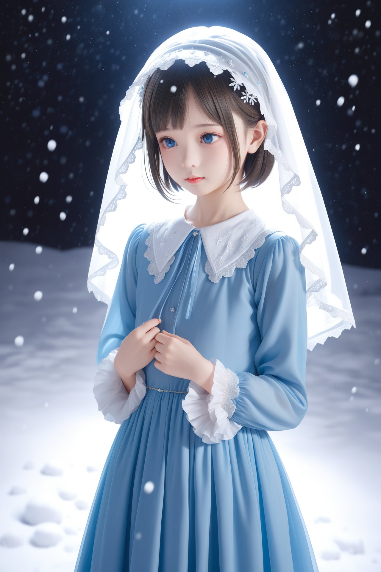 masterpiece,Realism,best quality,loli,Black background,late at night,1girl,solo,dress,veil,blue eyes,black hair,short hair,brown hair,upper body,blue dress,snow,jewelry,long sleeves,hat,snowing,