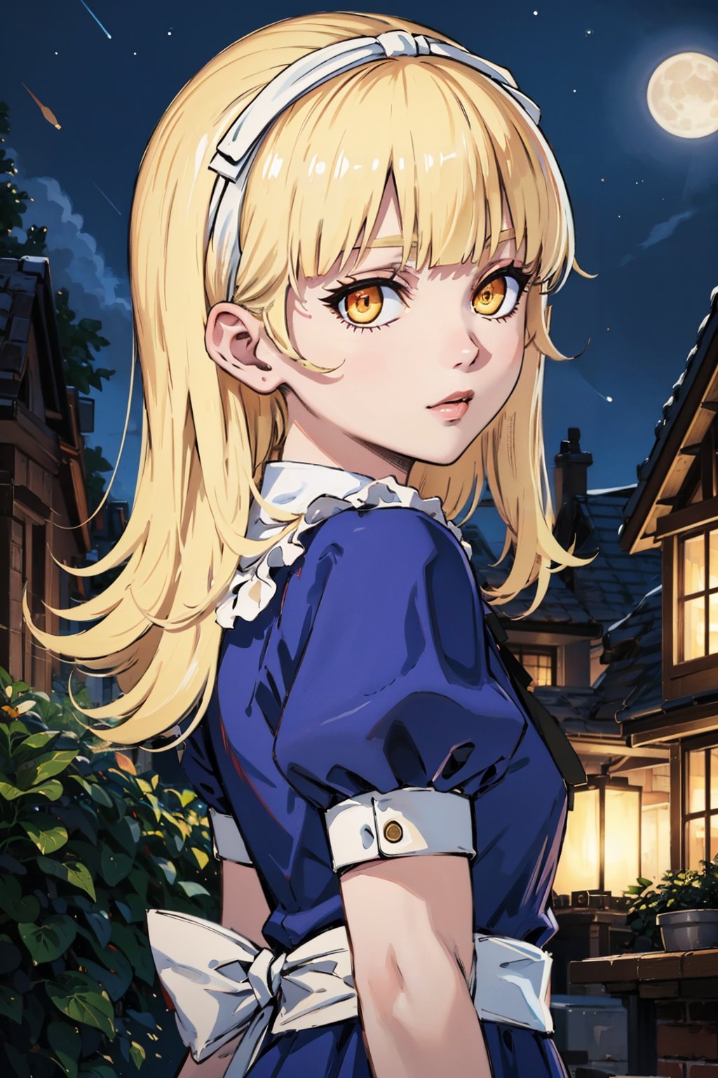 masterpiece, best quality,  <lora:za_Alice:0.9> alicesmt, dress, long hair, blonde hair, hairband, blunt bangs, puffy sleeves, blue dress, yellow eyes, looking at viewer, from side, night sky, moon, glowing eyes, upper body