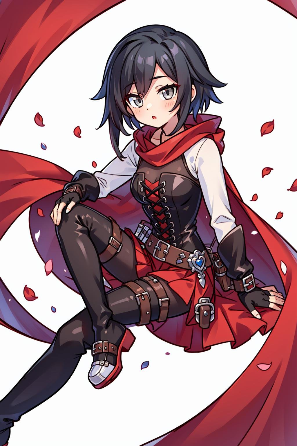 <lora:RubyAtlas-05:0.8> ruby rose,atlasrose, black hair, gradient hair, grey eyes, red cape, white shirt, pantyhose, belt, red skirt, corset, thigh boots, fingerless gloves,masterpiece,best quality,extremely detailed, rose petals