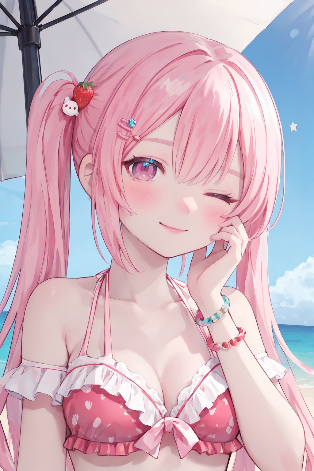 hair ornament,one eye closed,food,swimsuit,pink hair,smile,fruit,bikini,pink eyes,star (symbol),blush,strawberry,holding,bangs,frilled bikini,parfait,long hair,ice cream,closed mouth,outdoors,frills,twintails,day,star hair ornament,jewelry,bracelet,looking at viewer,collarbone,spoon,cloud,pink bikini,hairclip,sky,1girl,solo focus,holding spoon,blueberry,hand on own cheek,hand on own face,bare shoulders,upper body,multicolored hair,multiple girls,food-themed hair ornament,breasts,blue hair,blue sky,umbrella,<lora:to-vv2-tga-000060:0.5>,beautiful eyes,to-style,