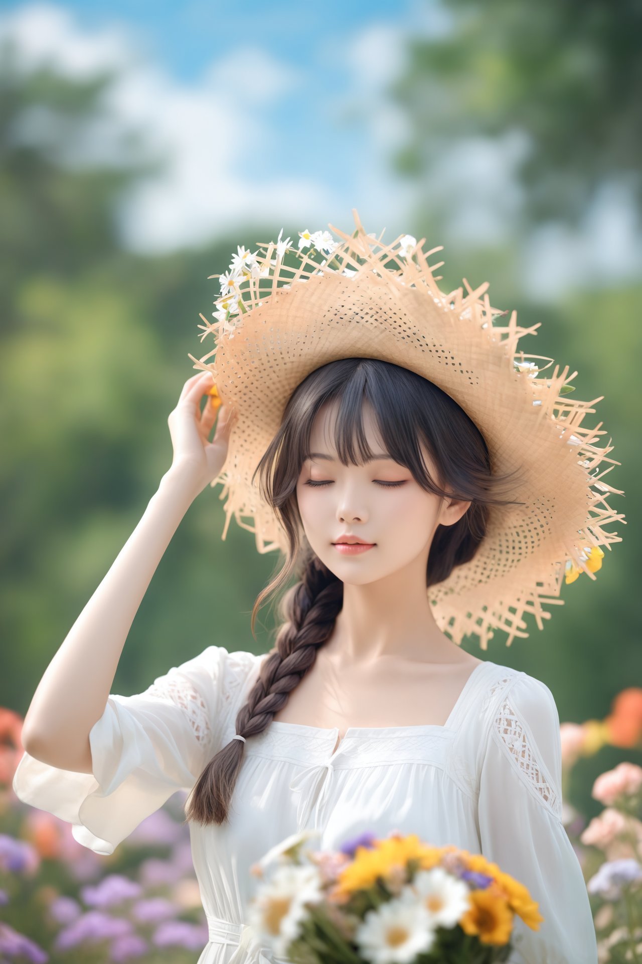 1girl, solo, closed eyes, flower, hat, blurry, blurry background, realistic, black hair, holding, upper body, outdoors, bouquet, straw hat, braid, facing viewer, day, shirt, white shirt, dress, closed mouth, artist name, arm up, lips, hand on headwear, sky, depth of field