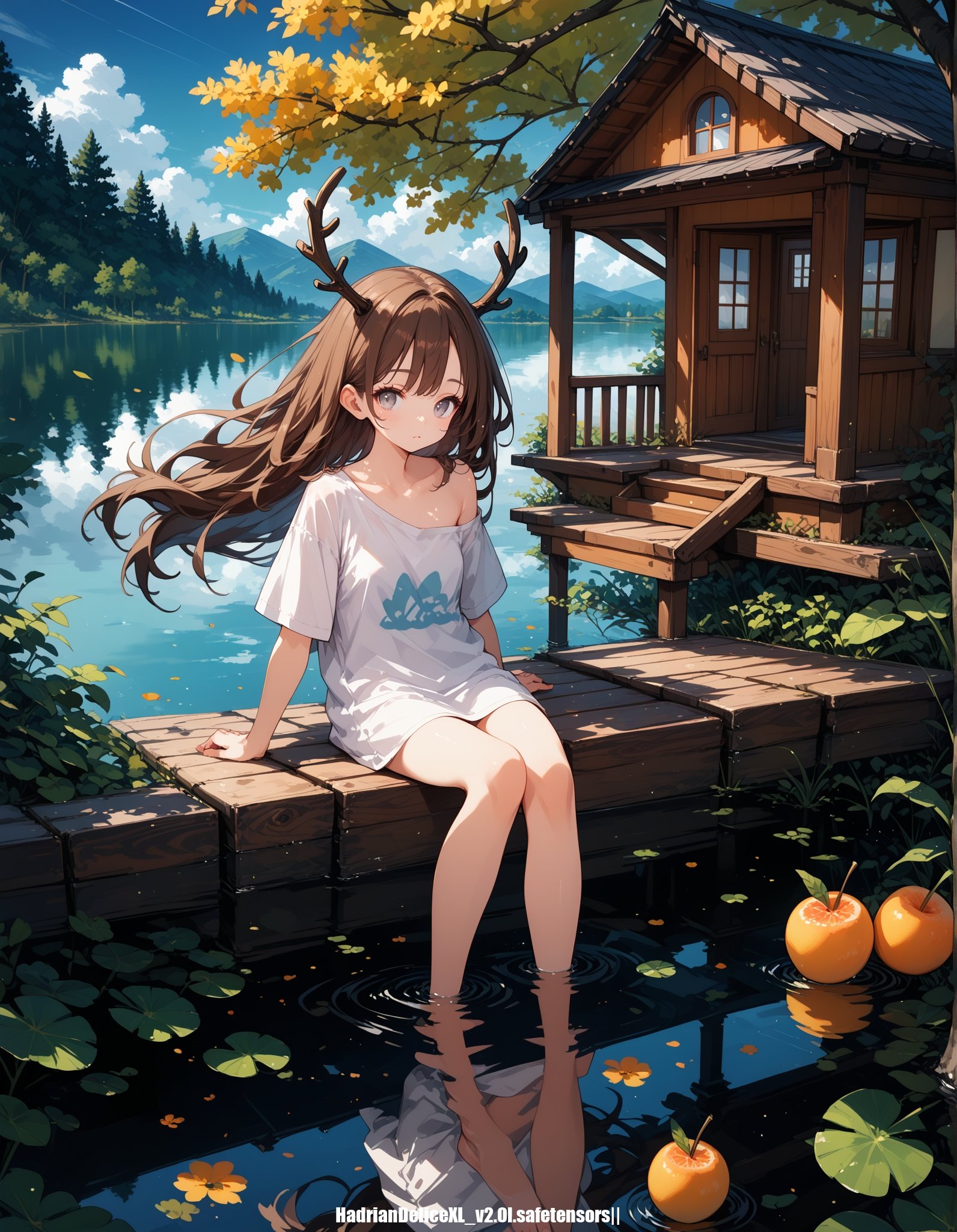 score_9,score_8_up,score_7_up, hadrian, 1girl,single bare shoulder brown t-shirt,brown hair,grey eyes,floating hair,very long hair,collarbone,tree,lake,fruit,house,reflection,dappled shadow,day,cloudy sky,antlers,sitting soaking feet,looking at viewer,