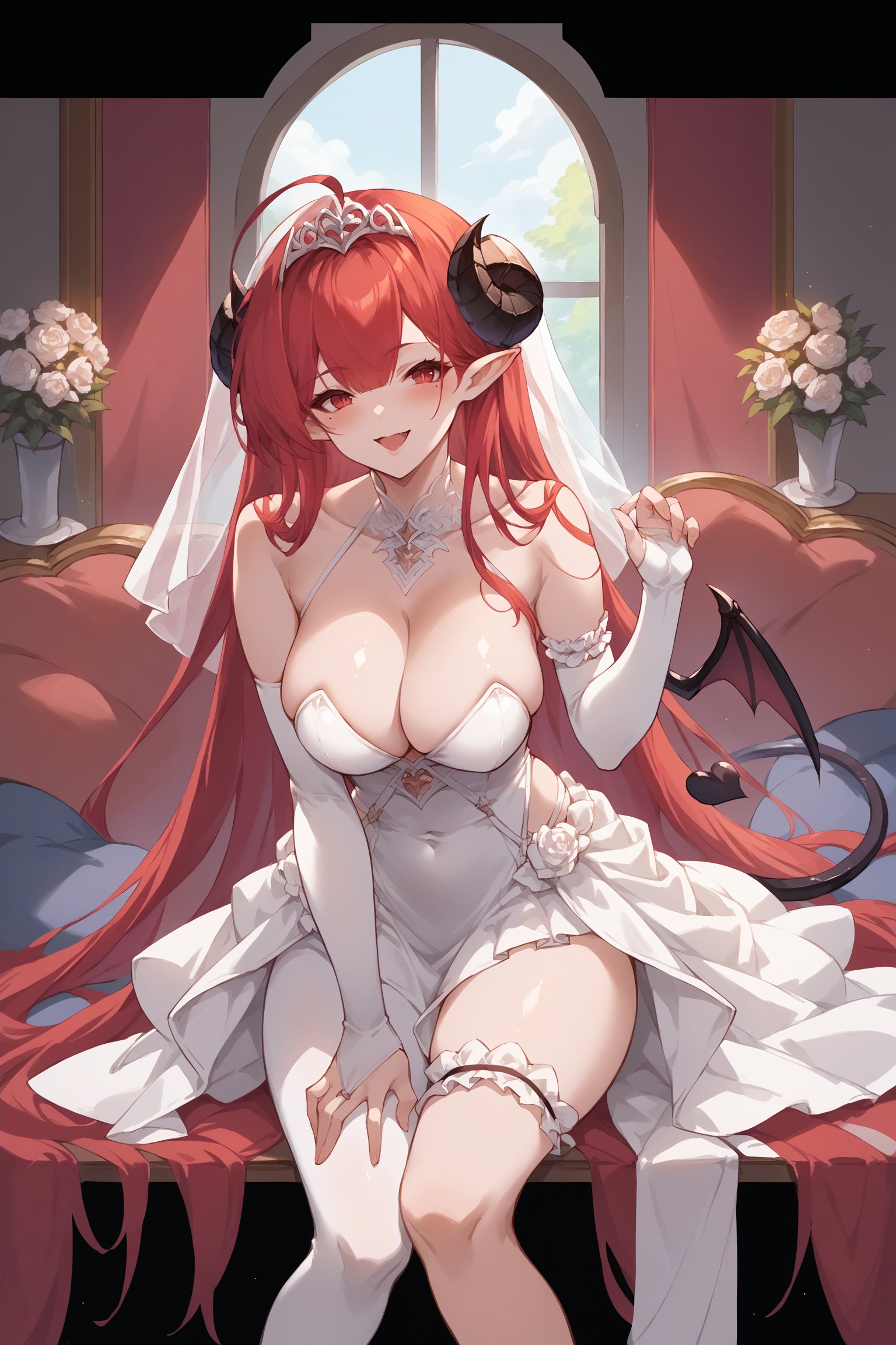 score_9, score_8_up, score_7_up, , rating_explicit,nsfw,1girl ,hinbn, ahoge, absurdly long hair, hair between eyes, mole under eye, demon horns, demon tail, demon wings, pointy ears, wedding dress, bridal garter, bridal veil, bridal gauntlets, bridal garter, shiny skin, source_anime, <lora:HindenburgPDCAME AL:1>, <lora:GBFSplashArtXLPDv2:1>, gbsa, splash art, indoors, facing viewer, happy