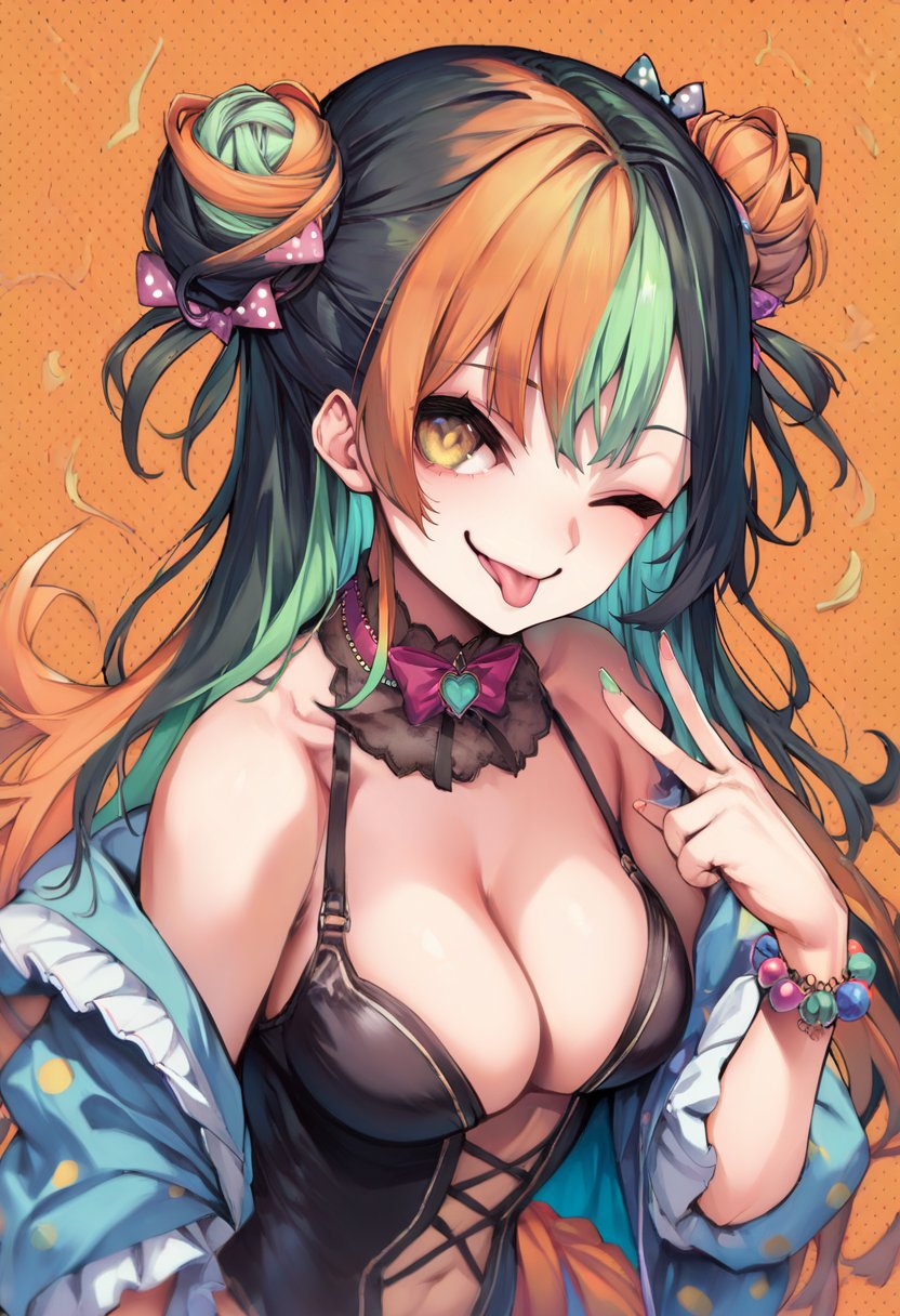 score_9, score_8_up, score_7_up, score_6_up,  <lora:michikingV2XL_P6_lokr_V2234:0.95> 1girl, one eye closed, solo, multicolored hair, tongue, tongue out, black hair, virtual youtuber, v, polka dot bow, breasts, bracelet, bow, cleavage, smile, hair bun, green hair, looking at viewer, long hair, jewelry, orange hair, bare shoulders, beads, double bun, hair bow, orange background, streaked hair, bead bracelet, tattoo, polka dot, yellow eyes, ;q, simple background