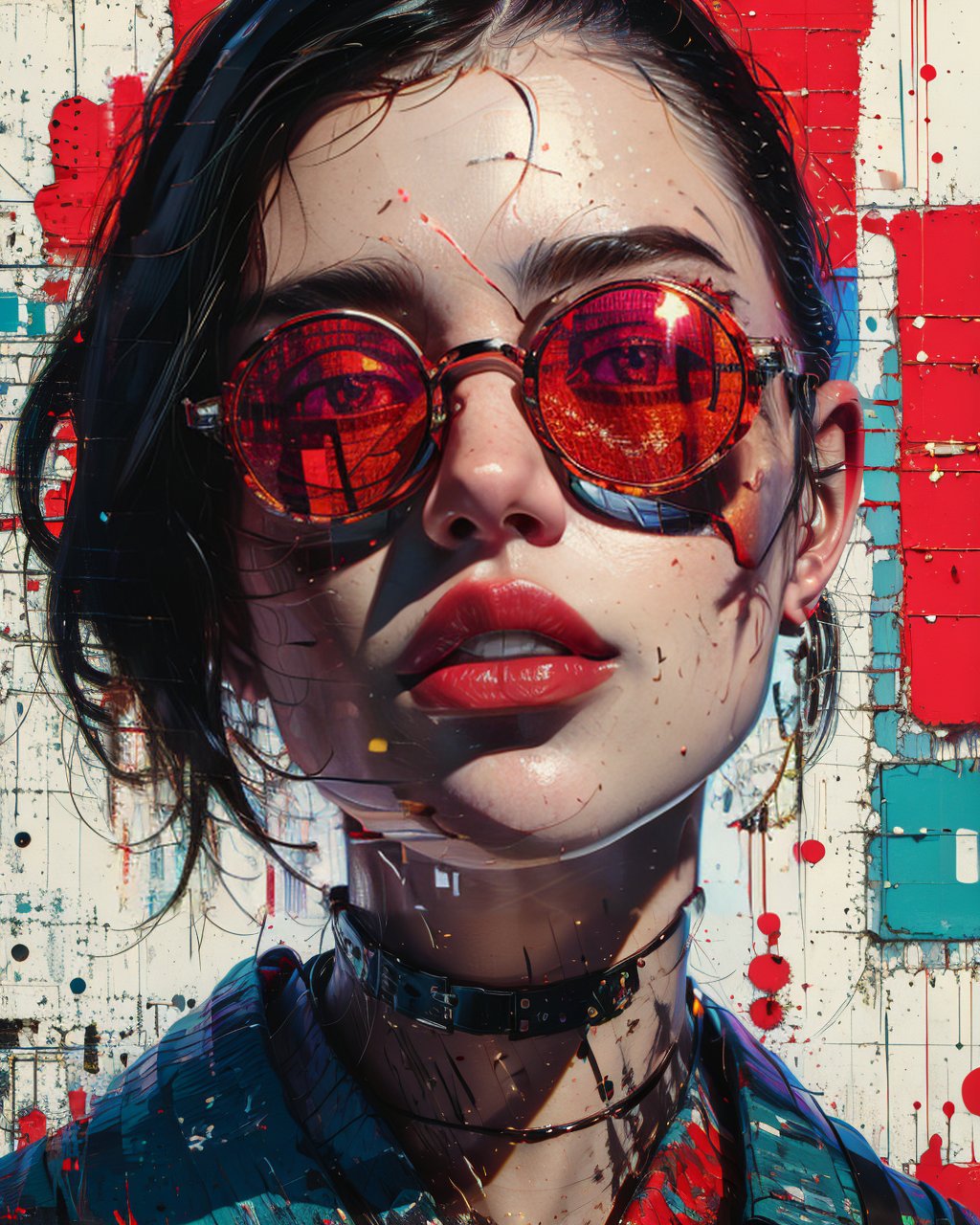 (masterpiece, realistic:1.5), 1girl,solo,looking at viewer,short hair,black hair,jewelry,earrings,parted lips,glasses,teeth,lips,sunglasses,portrait,round eyewear,red lips,tinted eyewear,abstract,cyberpunk,glitch<lora:mjportrait_v1:0.7>