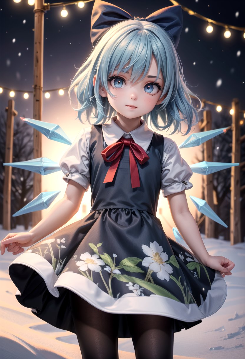 (masterpiece:1.2), best quality, high resolution, unity 8k wallpaper, (illustration:0.8), (beautiful detailed eyes:1.6), extremely detailed face, perfect lighting, extremely detailed CG, (perfect anatomy), 1 girl,cute,(looking at viewer:1.0), adorabel girl,cute face,details sky,handsome,young,juvenile, multiple details,eyeshadow,sfw, (medium shot:1.5), gradiant eyes, hazel eyes, (long black lycra pantyhose:1) lora:add_detail:0.8>, <lora:more_details:0.4>, <lora:cirno:0.8>, snowy forest, (night:1.2), frosted trees blue hair,hair bow,(blue dress:1.4),short sleeves, ice wings,red bowtie,cirno