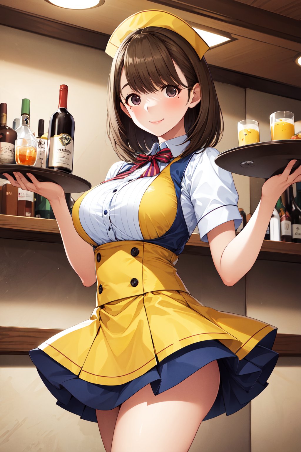 masterpiece, best quality, highres, aanene, short hair, <lora:anegasaki_nene_v1:0.7>, waitress, underbust, yellow skirts, smile, holding tray, bar, smile, standing, cowboy shot, 