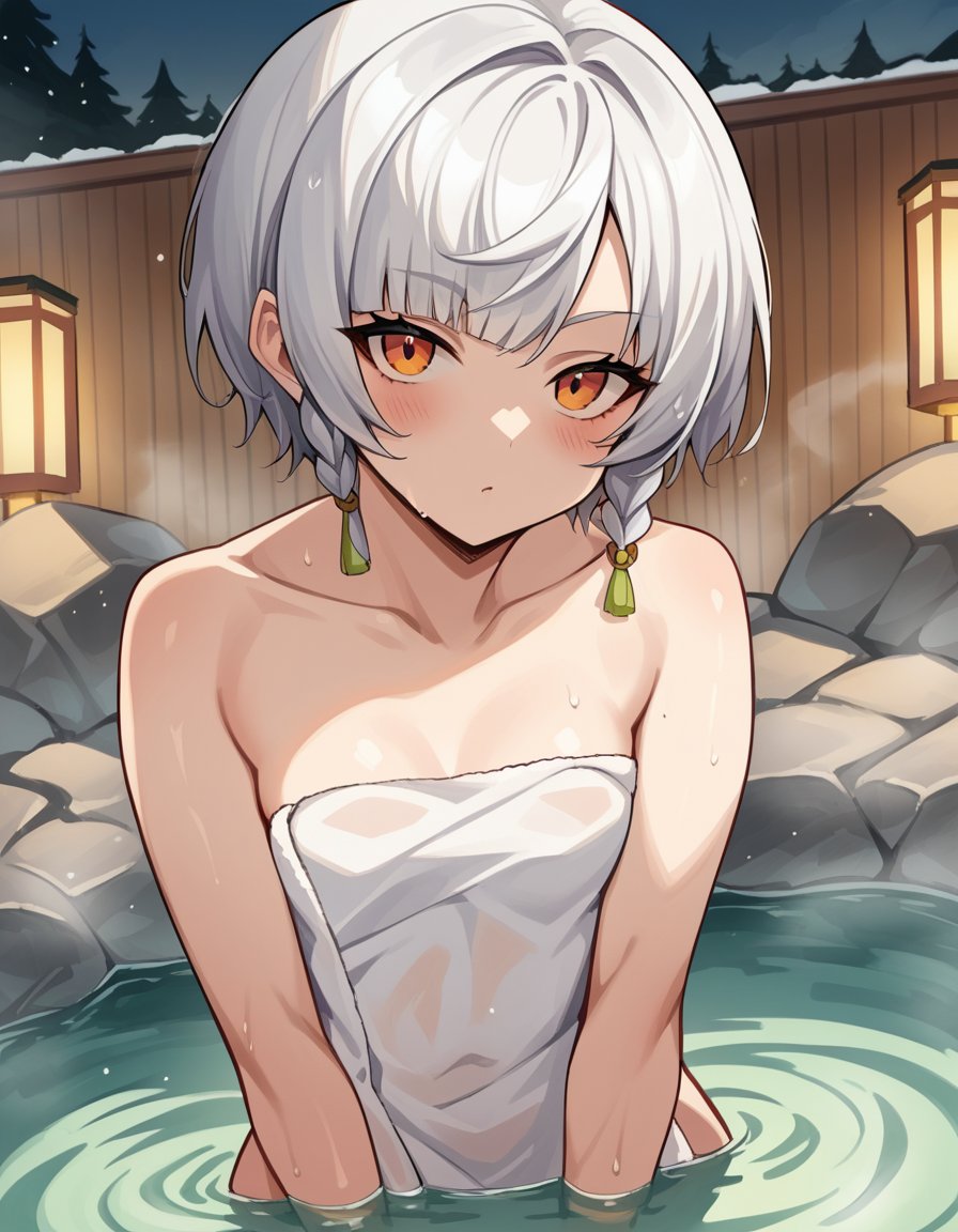 score_9, score_8_up, score_7_up, source_anime, anbydemara, <lora:anby-demara-ponyxl-lora-nochekaiser:1>, anby demara, orange eyes, short hair, white hair,, nude, naked, outdoors, onsen, towel, naked towel, steam, bathing, nude cover, partially submerged, water, bath, steam censor, wet towel, blush, looking at viewer, solo, cowboy shot, dutch angle, small breasts,