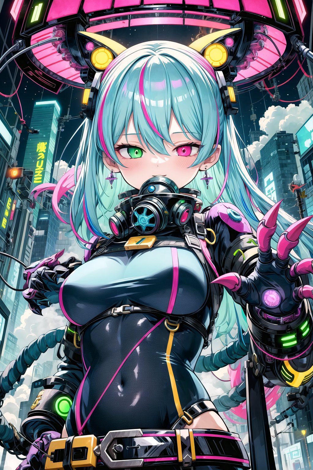 (Masterpiece), (highres), 8k, hyperdetailed, deep depth of field, motion blur, hirom1tsu, official alterate hairstyle, uique character concept, hair between eyes, hyperrealistc, hypnotizing green eyes, toxic, heterochromia, persona, devious, runge, punk girl, sassy, villain, claws, from below, mature female, bodysuit, blue and pink hair, goggles, steampunk, rajah hair, belt, perfect female figure, gorgeous, streaked hair, jacket, earrings, gas mask,cityscape, street, neon sign, glowing lines, neon trim, bloom, shadow, dynamic line of action, fighting stance, cybernetic woman, nature, overgrown, augmentation, cable, mechanical parts, steam, dynamic posture, (working), wire, futuristic, sci-fi, metallic skin, chrome, cube, glowing, sci-fi, otherworldly, upper body, half-closed eyes, serene, alien architecture, scenery,sugar_rune,1 girl,gpts style<lora:EMS-12734-EMS:0.500000>, <lora:EMS-91280-EMS:0.500000>, <lora:EMS-352161-EMS:0.900000>