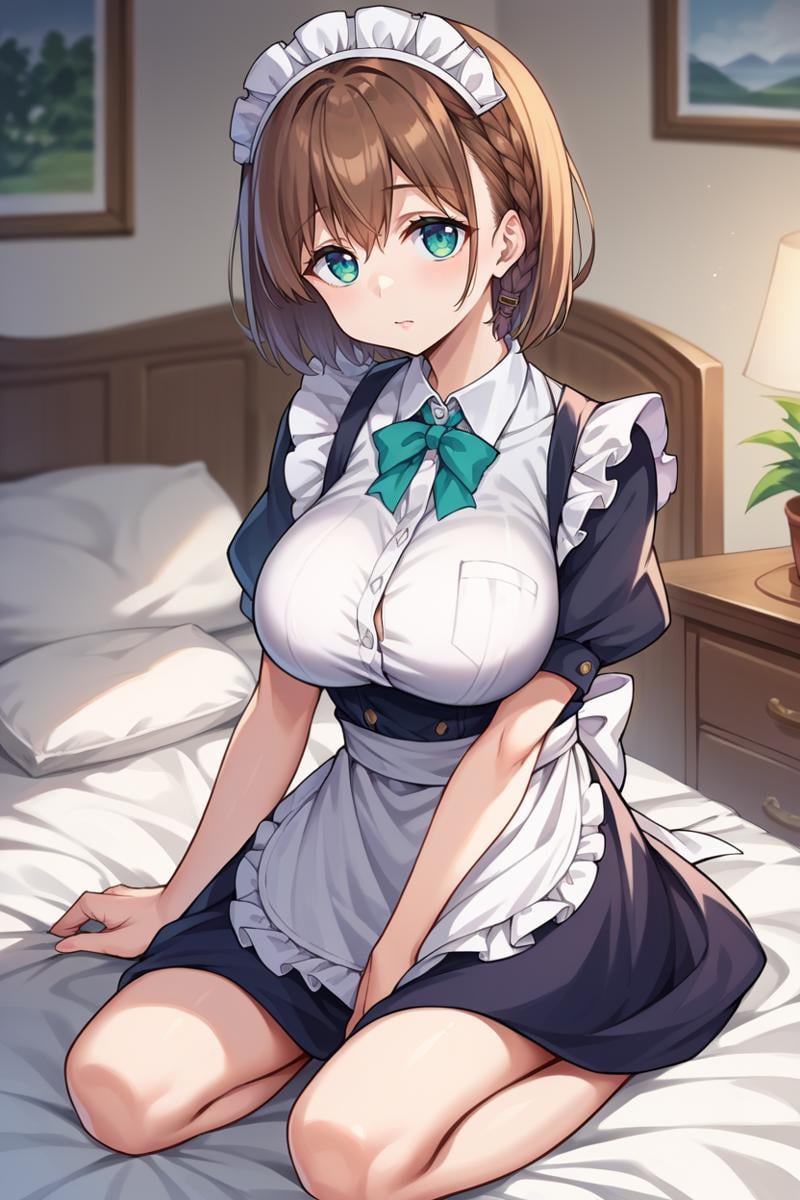 score_9, score_8_up, score_7_up, score_6_up, source_anime, BREAK 1girl, solo,  <lora:aichan-pdxl-nvwls-v1-000005:1> aichan, brown hair, cyan eyes, braid, large breasts, maid headdress, maid dress, apron, kneeling, indoors, bed, bedroom