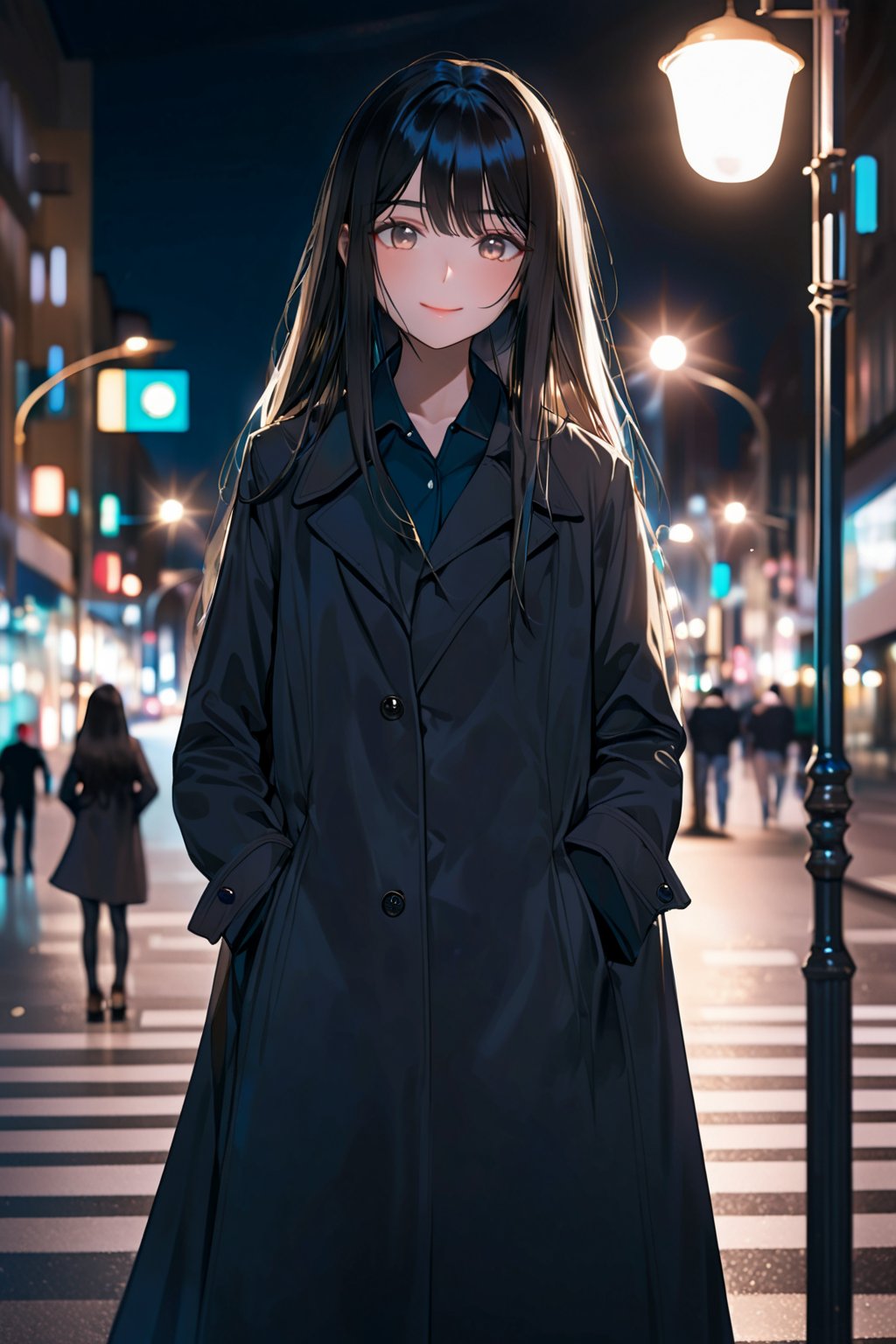 1girl, solo, teen, cowboy shot, (depth of field:1.2), (night), (long coat), downtown, (street light:1.1), (Fantastic lighting), looking at viewer, black hair, long hair, [smile], (Closed mouth), best quality, newest, absurdres