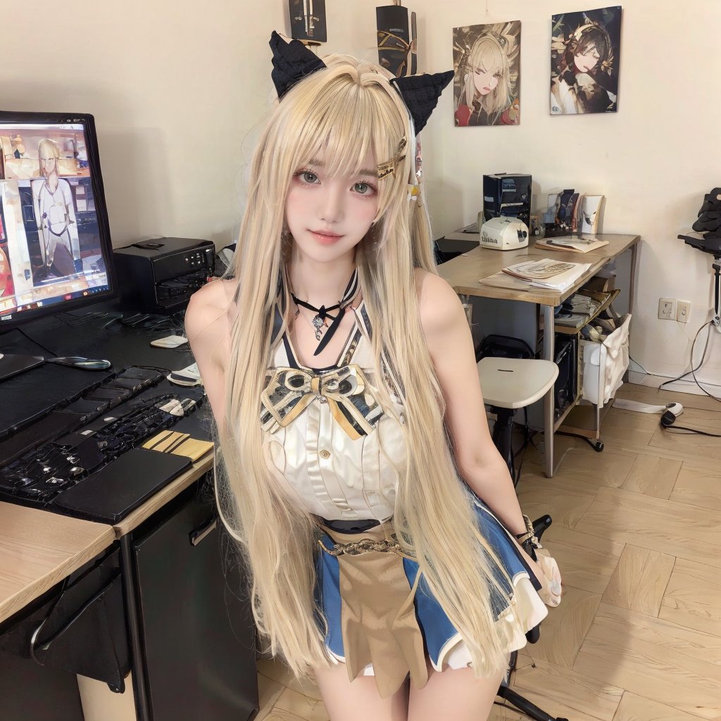 1girl,long_hair,hair_ornament,lips,blonde_hair,skirt,standing,living room,desk,chair,arms behind back,<lora:小塔姆:0.8>,