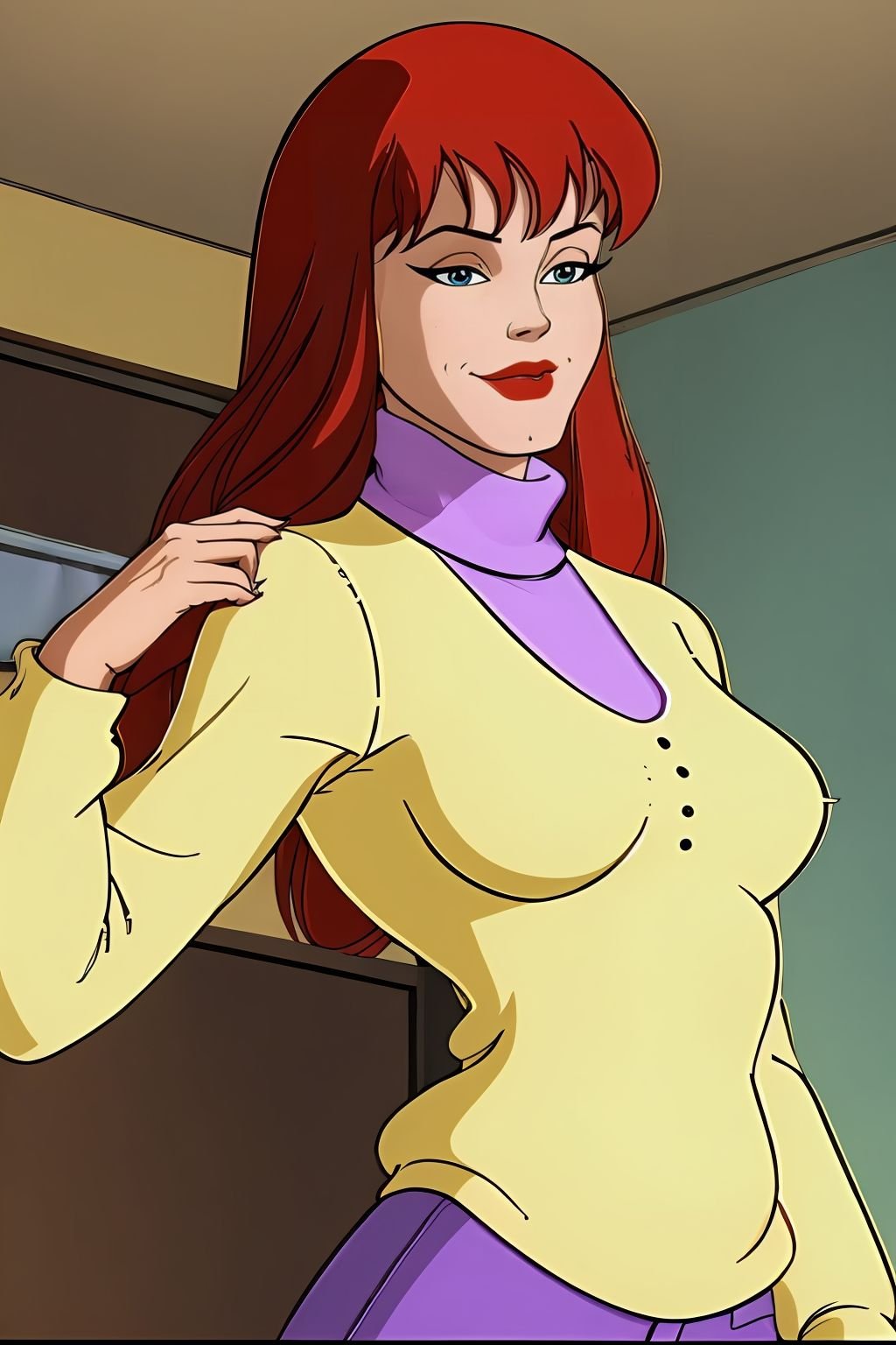 absurdres, mary jane watson, upper body, yellow sweater with purple turtleneck <lora:Mary Jane Watson_v1:1>