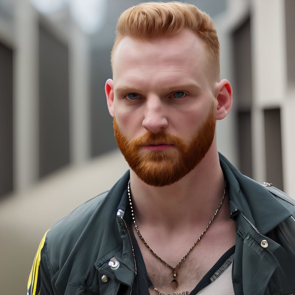 (masterpiece, only realistic quality:1.3), my absurdfavorite image of professional head shot portrait of realistic handsome gingerbearded punk masculine manly English male person, wearing well-rendered fully-clothed masculine male chav adidas sleevedjacket clownshirt uniform, only head shot portrait, chesttattoo, armtattoo, neckchain, slender, tall, slim, pale, bodytattoo, blueeyes at own eye, symmetric, smooth clear clean highres image scan, associated press, centrefold, realistic, real, no crop<lora:EMS-275247-EMS:0.300000>, <lora:EMS-367332-EMS:0.800000>