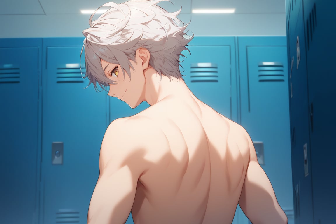 Score_9,score_8_up,score_7_up,Highly detailed, masterpiece, high quality, beautiful, high resolution, good details,1boy,solo,male focus,mezcla5v2,upper_body,grey hair,nude,back view,looking back,smile,locker room,yellow eyes<lora:EMS-412513-EMS:1.000000>