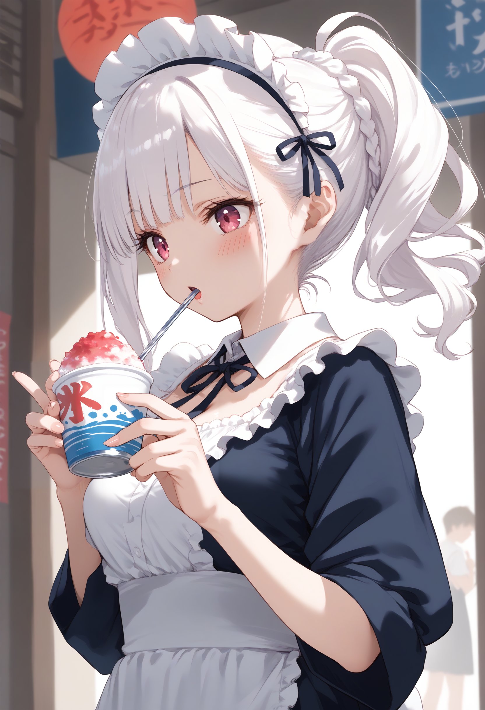 score_9, score_8_up, score_7_up, source_anime,1girl,solo,medium breasts, maid, maid headdress,shaved ice,<lora:shavedice_Pony_v1:0.8>holding drinking straw, spoon straw, eating,dutch angle, wide shot, looking to the side, white hair, pink eyes,blush, Shinjuku city, open mouth, split ponytail hair,,