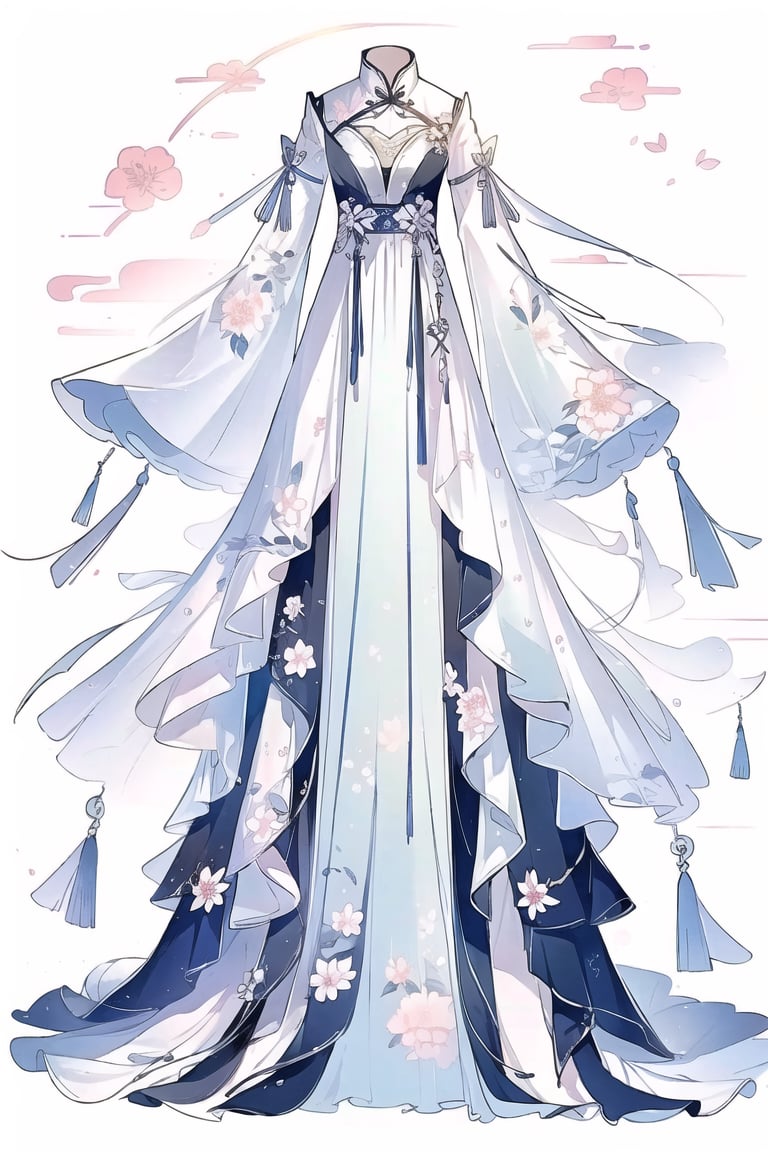 CostumeDesigning, dress, breasts, solo, full body, white background, chinese clothes, standing, sleeves past fingers, sleeves past wrists, long hair, floral print, tassel, long sleeves, simple background, wide sleeves, white dress, flower, <lora:20240531-1717117400420:0.8>