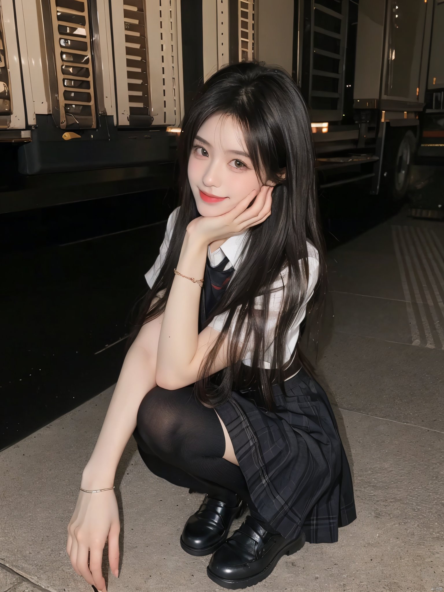 1girl, solo, long hair, looking at viewer, smile, skirt, shirt, black hair, sitting, school uniform, white shirt, short sleeves, socks, black eyes, head tilt, plaid, kneehighs, cosplay, plaid skirt, ground vehicle, black socks, hand on own face, realistic, hand on own cheek<lora:EMS-14530-EMS:1.000000>, <lora:EMS-15286-EMS:0.800000>