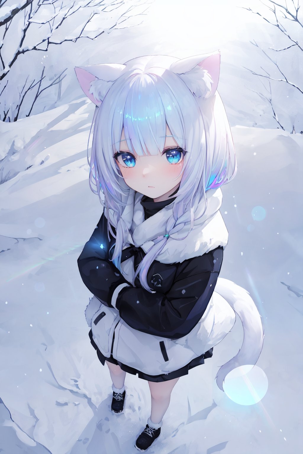 Nekomimi warrior,snow forest,(iridescent light:1.2),(glow light:1.2),(lens flare:1.2),from above,