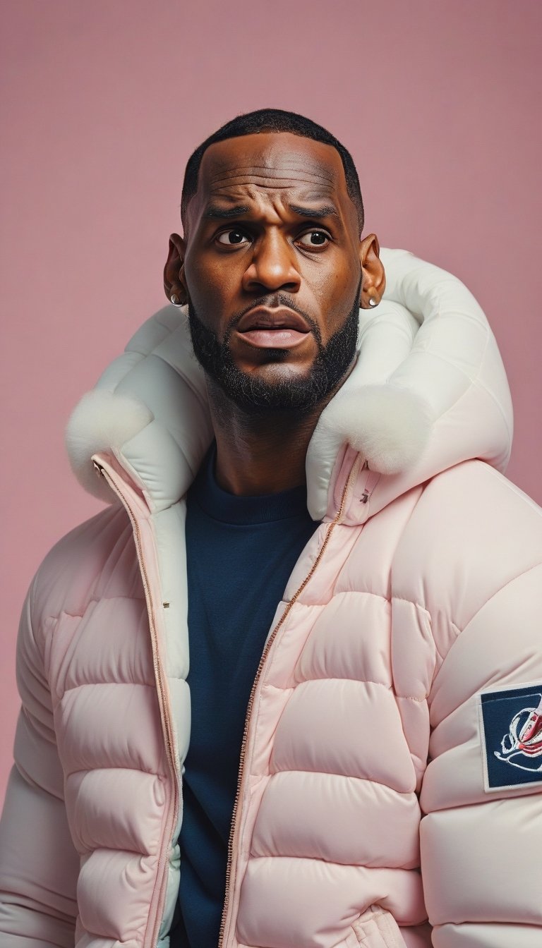 portrait, On pale Pink paper, mundane,close up of a Mythical (Lebron James wearing A white puffer jacket with a navy blue sweater and blue jeans while Coughing:1.3) , her hair is [Roma:Mennonite:5] and styled as Side-swept bangs, Bling, warm beach, Weirdcore, Film grain, masterpiece, skeptical, doubting, cynical 