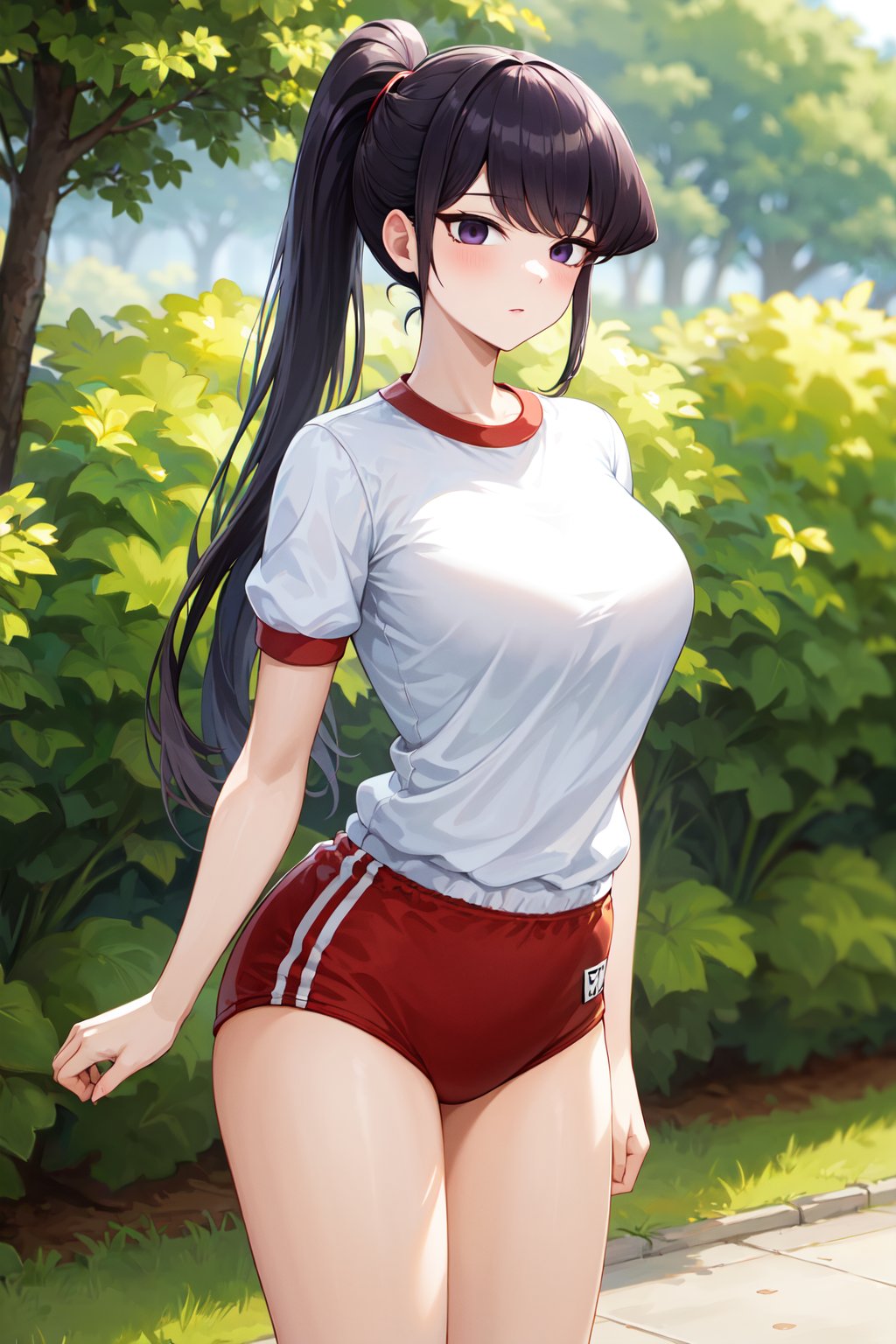 masterpiece, best quality, highres, aashouko, long hair, ponytail, breasts, gym uniform, gym shirt, white shirt, short sleeves, red buruma, <lora:komi_shouko_v1:0.7>, standing, outdoors, 