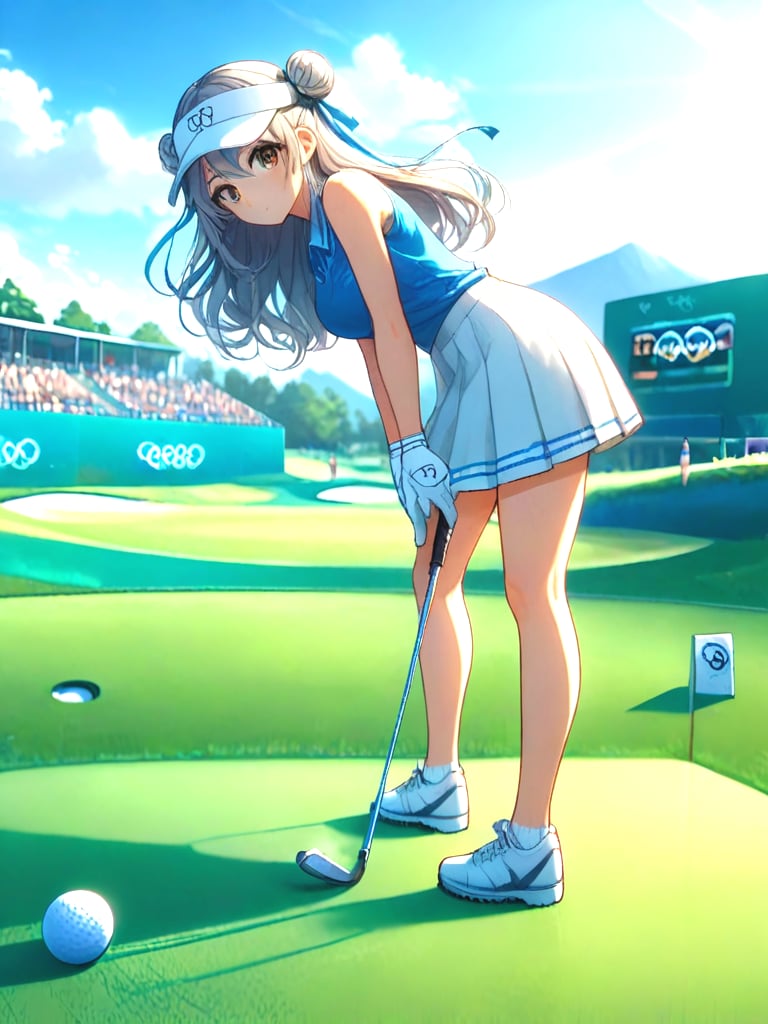 source_anime, playing golf, holding golf club, golf course, full body, 1girl, learning forward, olympic rings, gloves, visor cap, polo shirt, sleeveless, skirt, ass, shoes, floating hair, grey hair, double bun, ribbon, big tits, scoreboard, outdoors, ball, <lora:girllikeplayinggolf_pony:0.9>