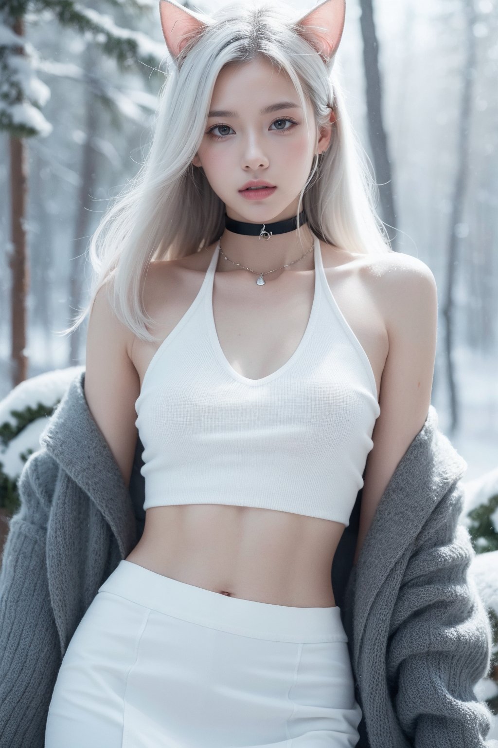 (realistic), (hyperrealism),best quality, masterpiece,ultra high res, (photorealistic:1.4),1girl,pale skin,skinny,(looking at viewer),snowy forest, choker with bell, navel, dynamic pose, cat's ears, (white hair,) long hair, upper body, halter top, short skirt