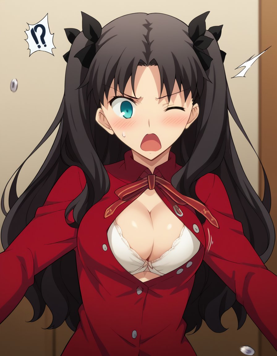 score_9, score_8_up, score_7_up, source_anime, rintohsaka, <lora:rin-tohsaka-ubw-ponyxl-lora-nochekaiser:1>, rin tohsaka, aqua eyes, black hair, hair ribbon, long hair, ribbon, sidelocks, two side up, parted bangs,, <lora:flying-button-ponyxl-lora-nochekaiser:1>, flying button, popped button, bursting breasts, wardrobe malfunction, button gap, bra peek, surprised, motion blur, shirt, cleavage, motion lines, ?!,, indoors, blush, open mouth, one eye closed,, cowboy shot, dutch angle,