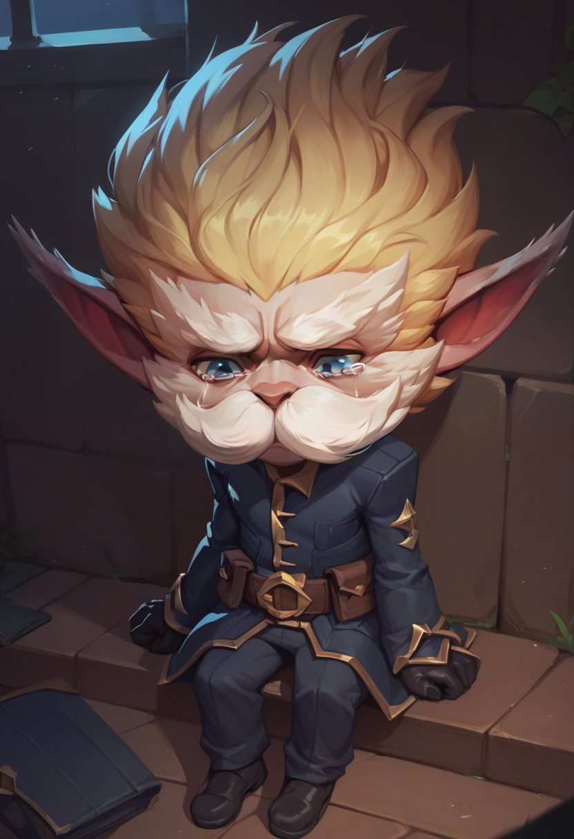 score_9, score_8_up, score_7_up, score_6_up, h3im3rding3r, 1boy, male focus, yordle, blonde hair, pointy ears, mustache, belt, pants, black gloves, gloves, black footwear, <lora:Heimerdinger_Default_v1:0.7>, sitting, sad, tears, blue eyes,