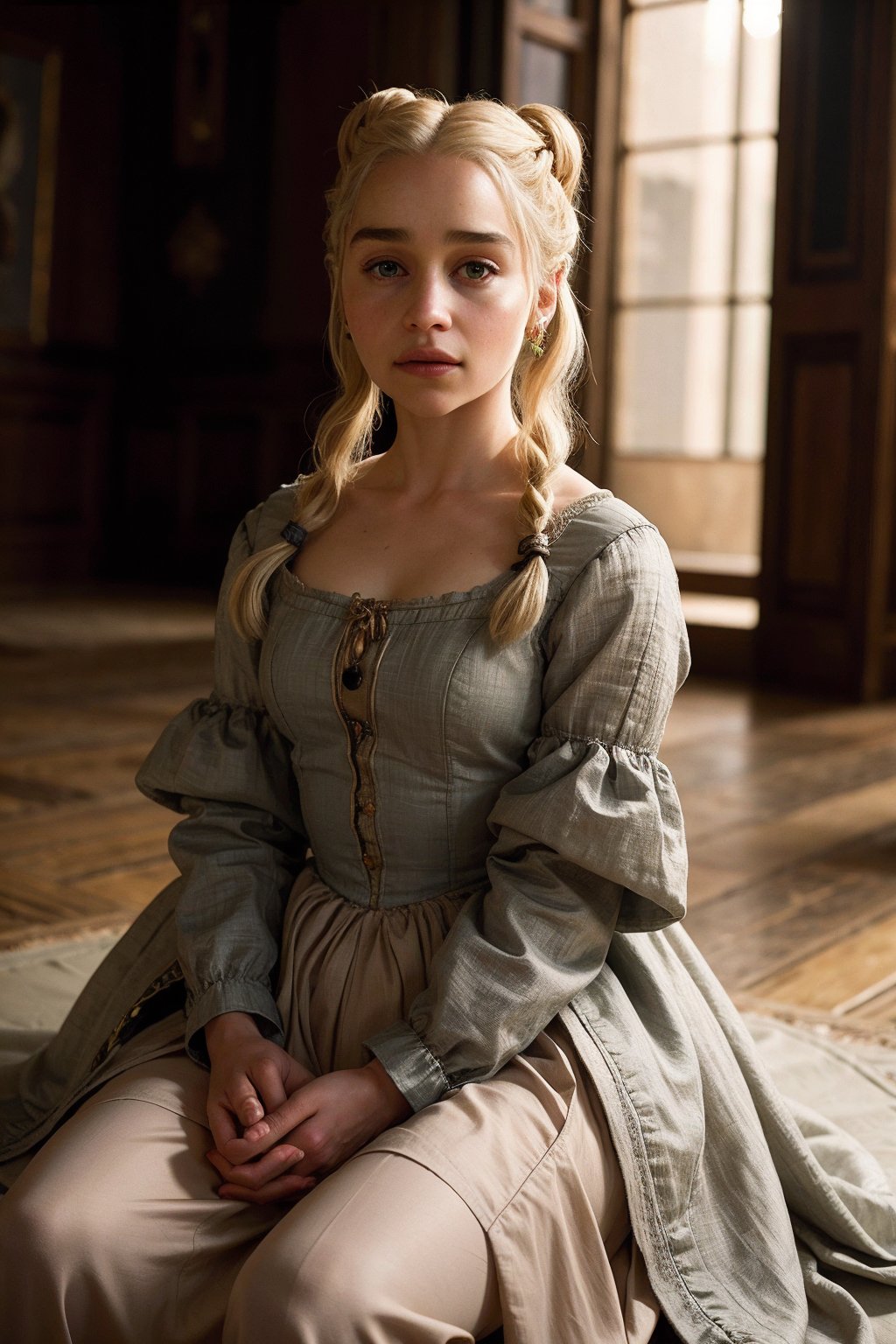 EmiliaClarke,a woman wearing renaissance dress, queen, blonde hair, pigtails , (attic:0.8), (fill lighting:0.5) <lora:EmiliaClarke:0.9>