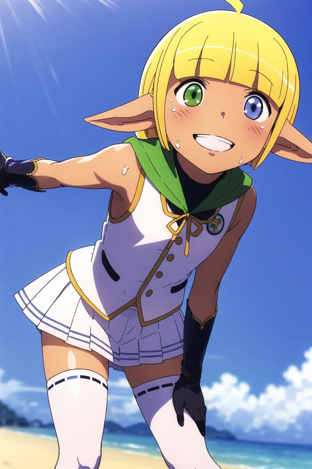 masterpiece, best quality, nudity 1boy, (mare bella fiora), perfect anatomy, flat chest, happy smile, heterochromia, blue and green eyes, blush, dark skin, white vest, white skirt, white thigh highs, ((bare arms)), leg focus, looking at viewer, standing, leaning forward, solo, sweat, realistic, perfect lighting, ((looking up at viewer)), dynamic pose, dynamic angle, beach, sunny,  <lora:auraAndMareBellaFiora_v10:0.8>