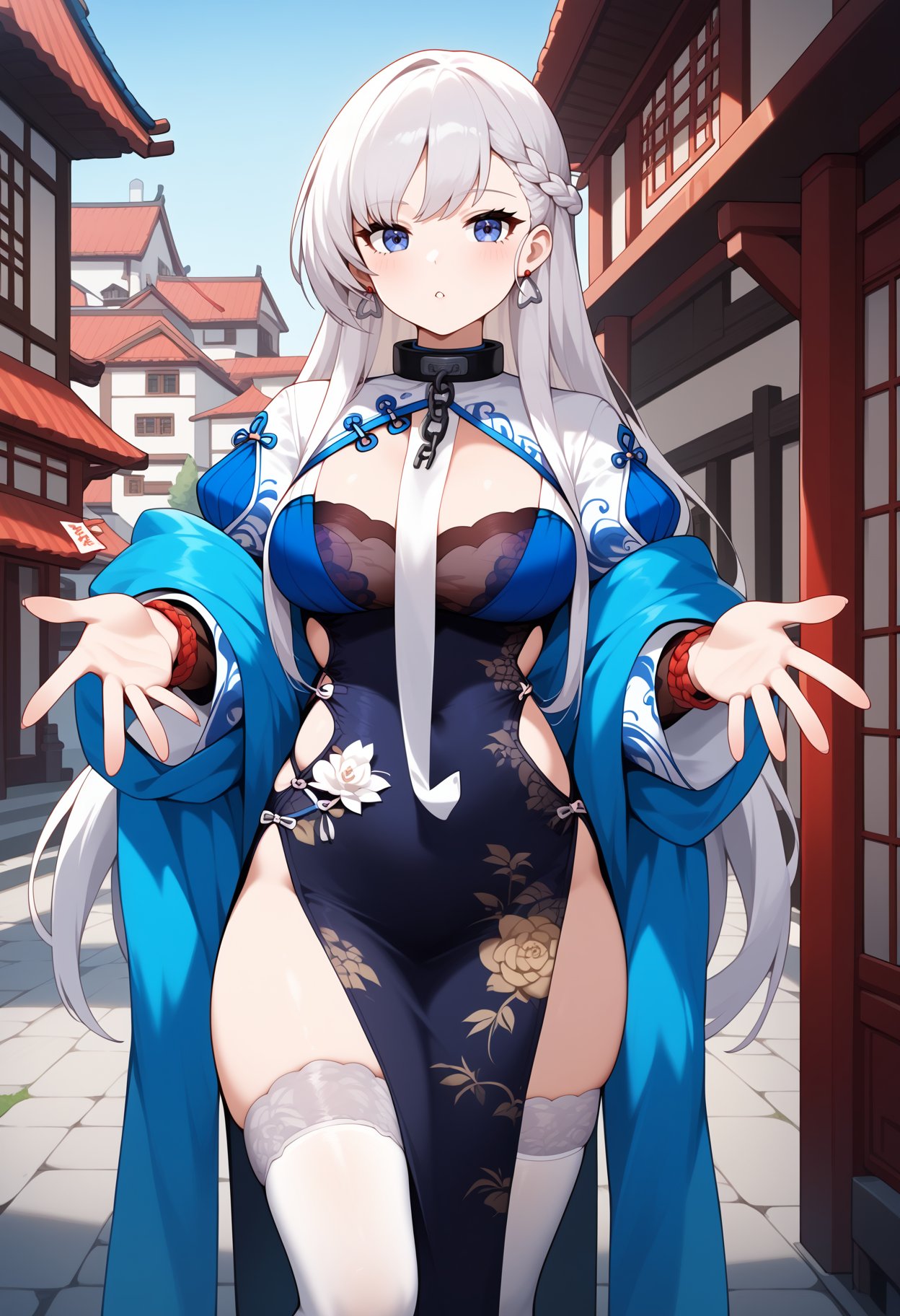 score_9, score_8_up, score_7_up, score_6_up, score_5_up, score_4_up, source_anime, aabelfast, long hair, french braid, earrings, collar, chain, chinese clothes, clothing cutout, china dress, long sleeves, blue shawl, pelvic curtain, side slit, white thighhighs, <lora:belfast_(azur_lane)_ponyxl_1:0.9>, reaching towards viewer, town, steet