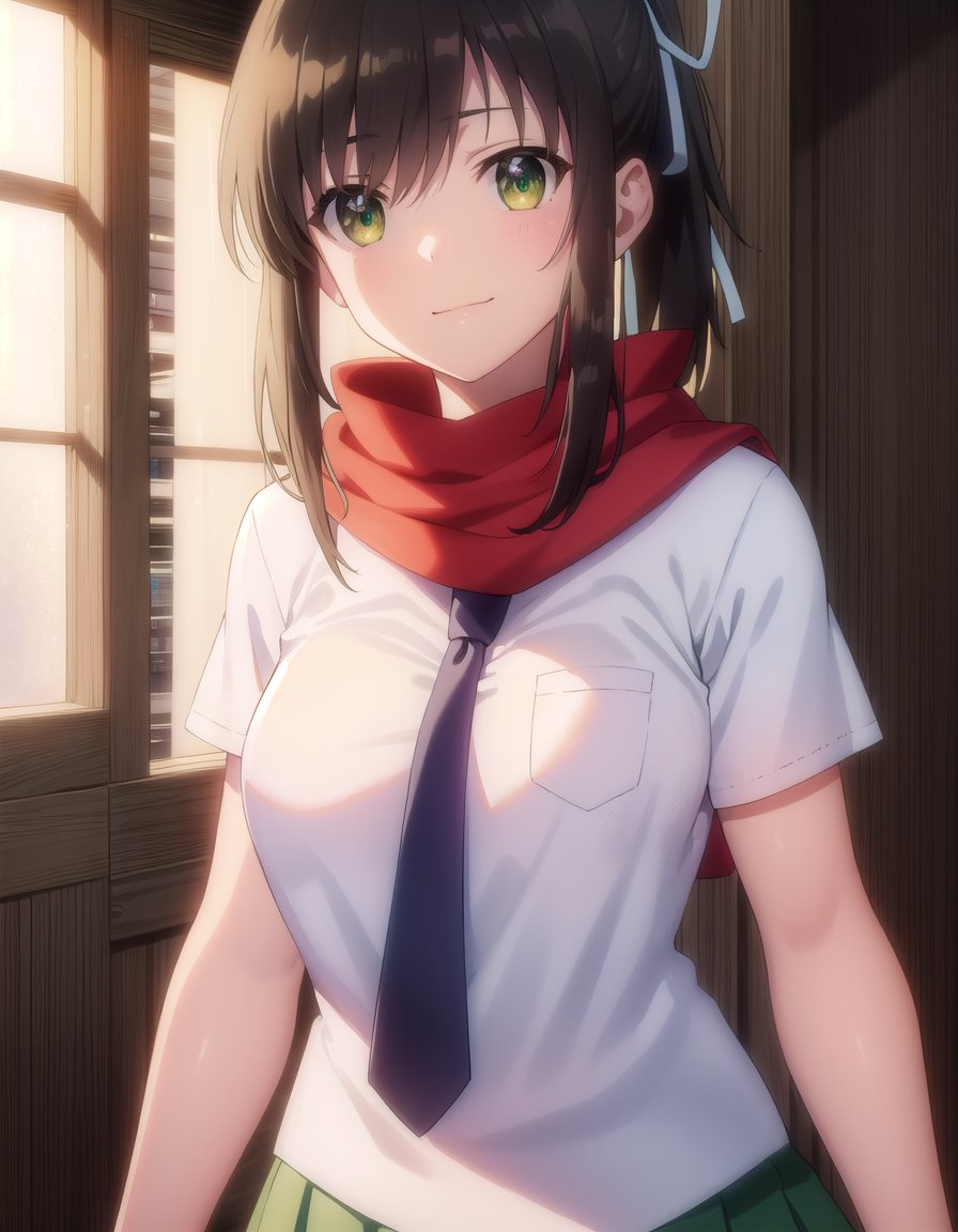 skasuka, <lora:sk asuka s1-lora-nochekaiser:1>,asuka, brown hair, (green eyes:1.3), ribbon, hair ribbon, ponytail, smile,BREAK skirt, school uniform, necktie, scarf, short sleeves,BREAK indoors, classroom,BREAK looking at viewer, (cowboy shot:1.5),BREAK <lyco:GoodHands-beta2:1>, (masterpiece:1.2), best quality, high resolution, unity 8k wallpaper, (illustration:0.8), (beautiful detailed eyes:1.6), extremely detailed face, perfect lighting, extremely detailed CG, (perfect hands, perfect anatomy),