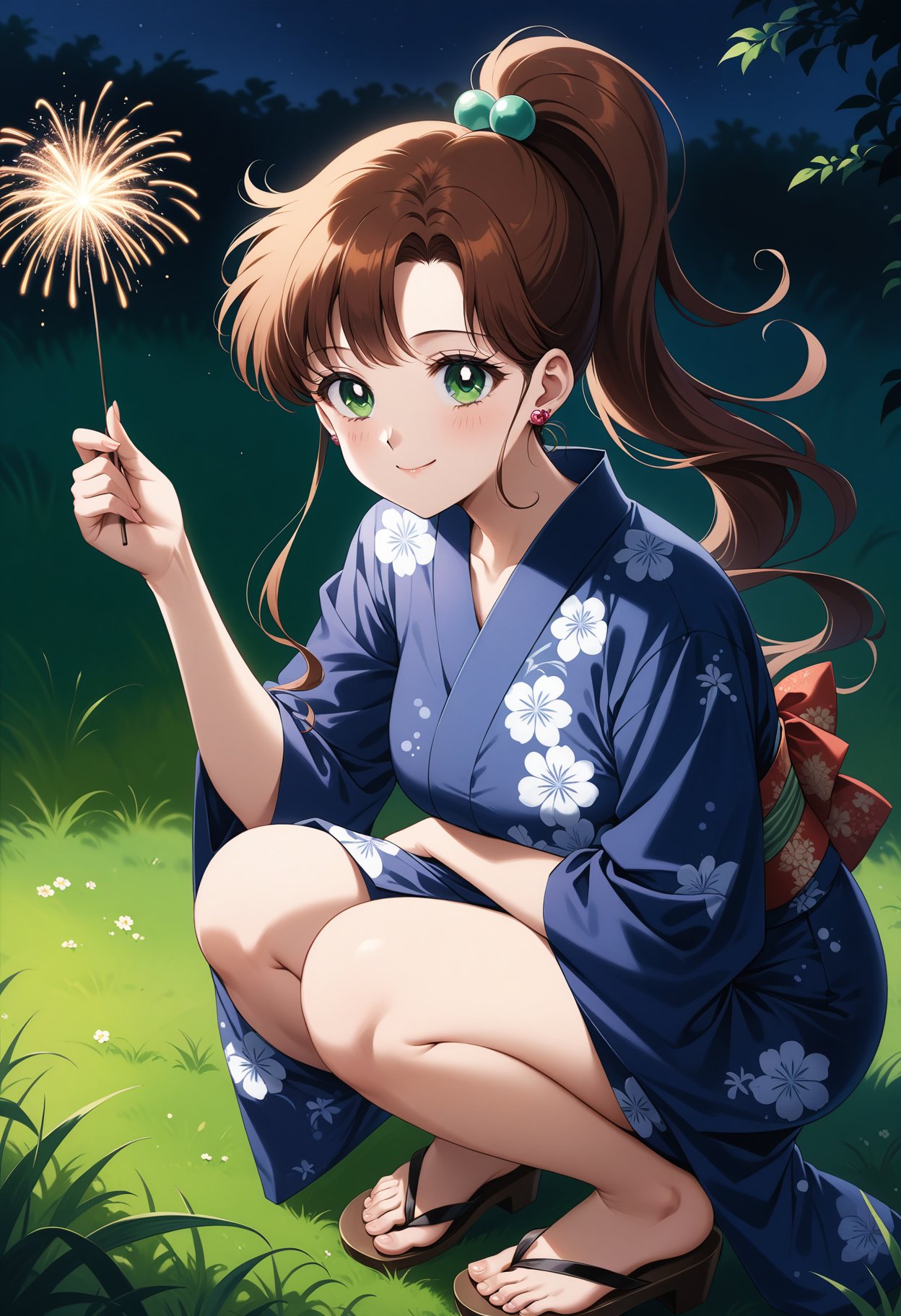 (masterpiece, best quality, very aesthetic, ultra detailed), intricate details, 4k, aajupiter, long hair, brown hair, ponytail, hair bobbles, earrings, green eyes, <lora:sailor_jupiter_animaginexl_v2:0.9>, grass, smile, holding fireworks, night, yukata, kimono, smile, squatting, sandals,