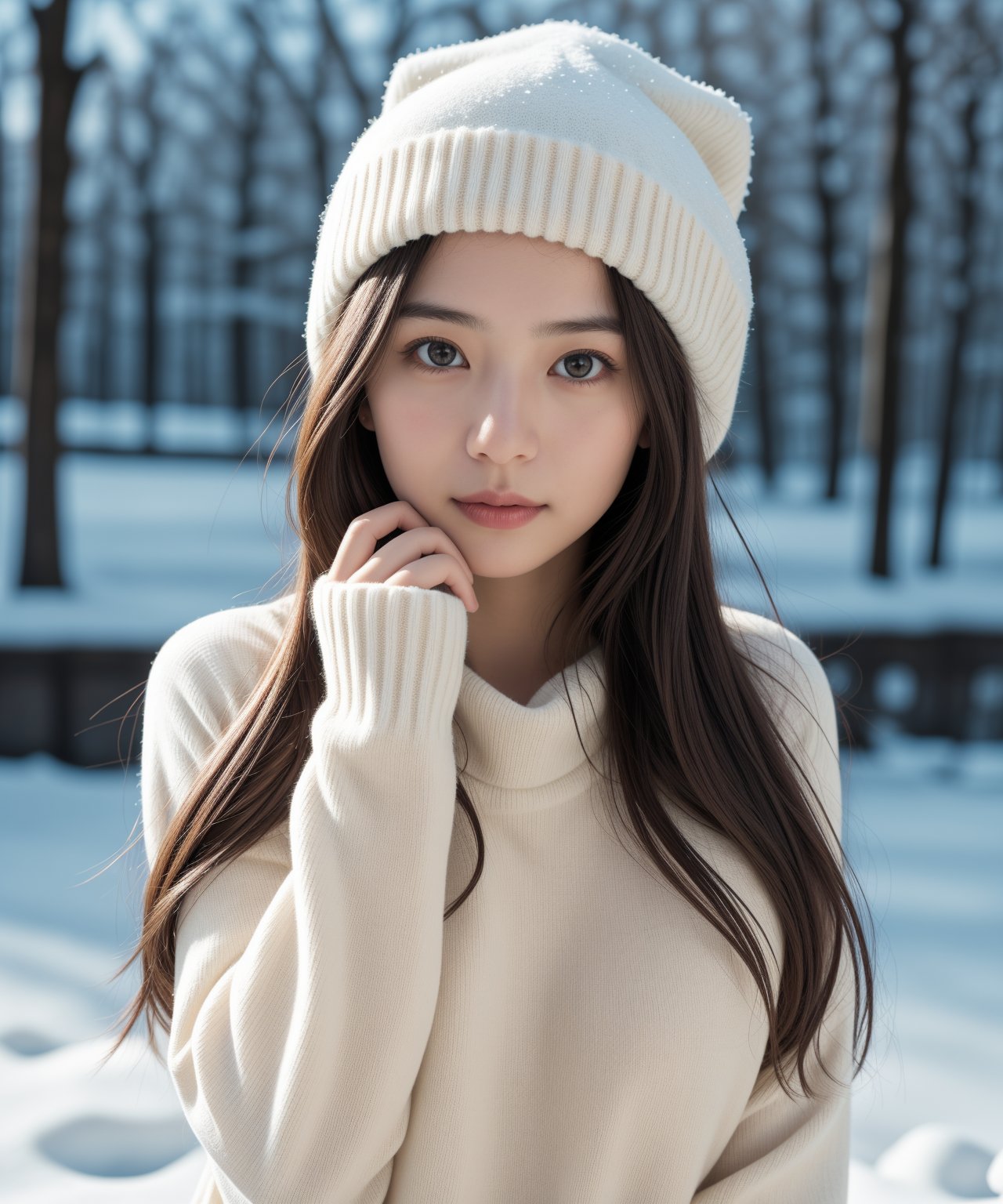 masterpiece, best quality, raw photo, realistic, adult girl, looking at viewer, supporting head on two hands, long hair, sweater, sweater hat, snowing, snowing background, extremely beautiful detailed face, best shadow, medium breasts, (cute face, temptations look), (sepia photography), (professional photo, balanced photo, balanced exposure)