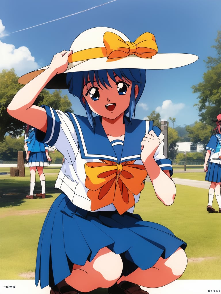 <lora:Nijino_Saki:0.8>NijinoSaki, hat, skirt, school uniform, open mouth, pleated skirt, retro artstyle, sun hat, blue skirt, short sleeves, solo focus, outdoors, multiple girls, hands on headwear, smile, 2girls, squatting, serafuku, 1990s (style), day, bow, 1girl,park,