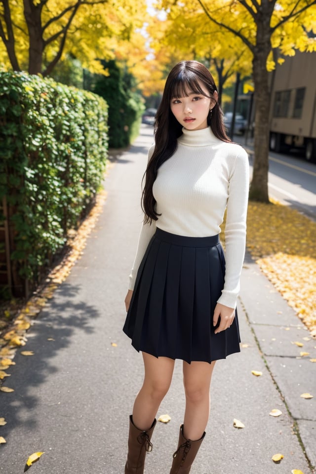 1girl,solo,photo background,outdoors,skirt,tree,standing,full body,long hair,autumn,day,looking at viewer,sweater,bangs,long sleeves,boots,sleeves past wrists,turtleneck,brown hair,realistic,lips,parted lips,shirt,black hair,socks,brown eyes,head tilt,autumn leaves,best quality,masterpiece,illustration,an extremely delicate and beautiful,CG,unity,8k wallpaper,Amazing,finely detail,masterpiece,official art,extremely detailed CG unity 8k wallpaper,incredibly absurdres,huge filesize,ultra-detailed,highres,extremely detailed,beautiful detailed girl,realistic,,<lora:Okamoto Hinana_20240503105030:0.8>