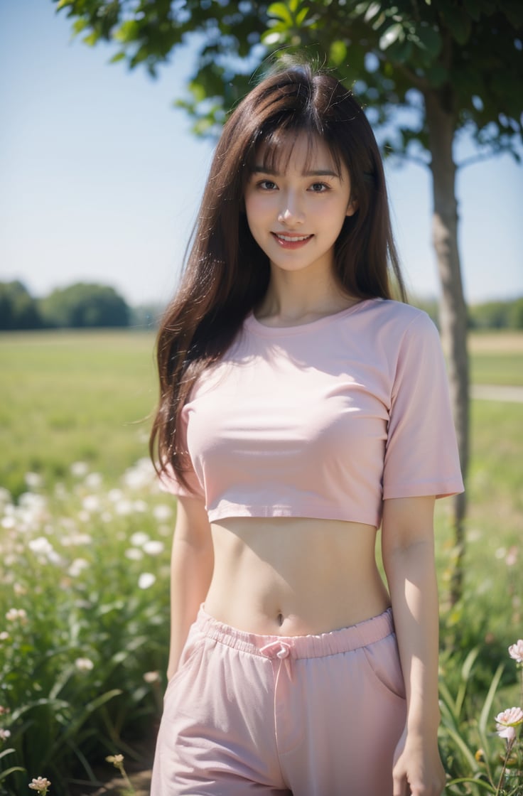 1girl, solo, outdoors, shirt, breasts, looking at viewer, brown hair, navel, flower, realistic, smile, pants, field, brown eyes, day, pink shirt, standing, long hair, sky, short sleeves, midriff, blurry, large breasts,  <lora:户外写实美女小姐姐:0.8>