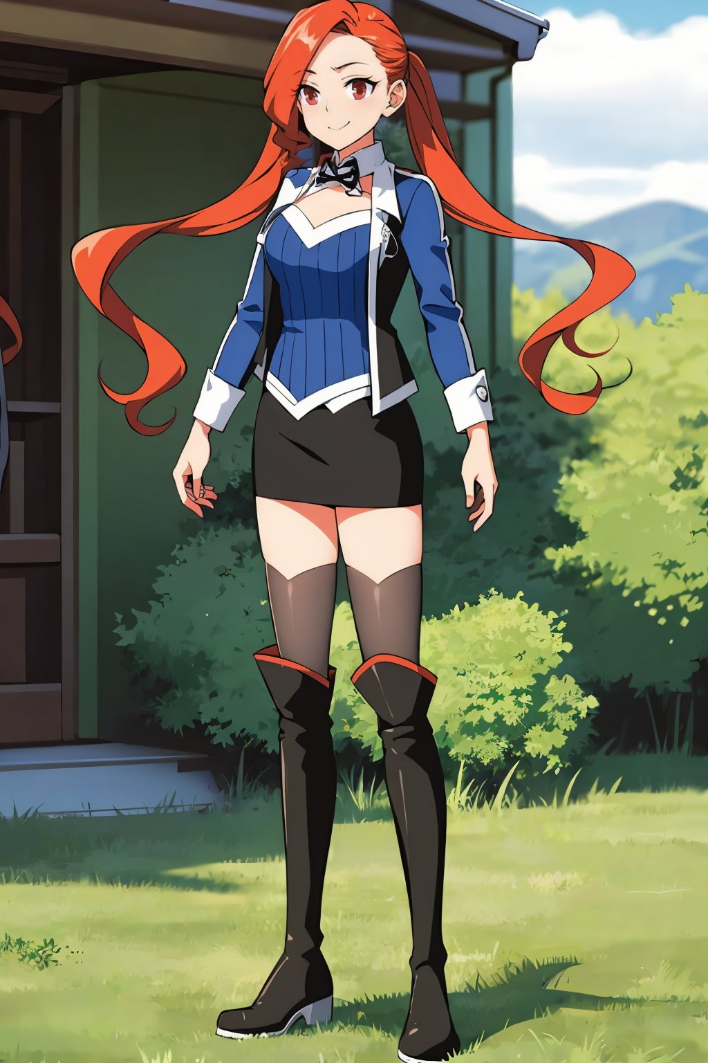 HDR,UHD,best quality,Highly detailed,masterpiece,Professional,<lora:琥嘉:0.7>,hj,1girl,solo,orange hair,long hair,smile,skirt,thighhighs,long sleeves,twintails,standing,jacket,braid,boots,black thighhighs,miniskirt,black skirt,twin braids,zettai ryouiki,knee boots,pencil skirt