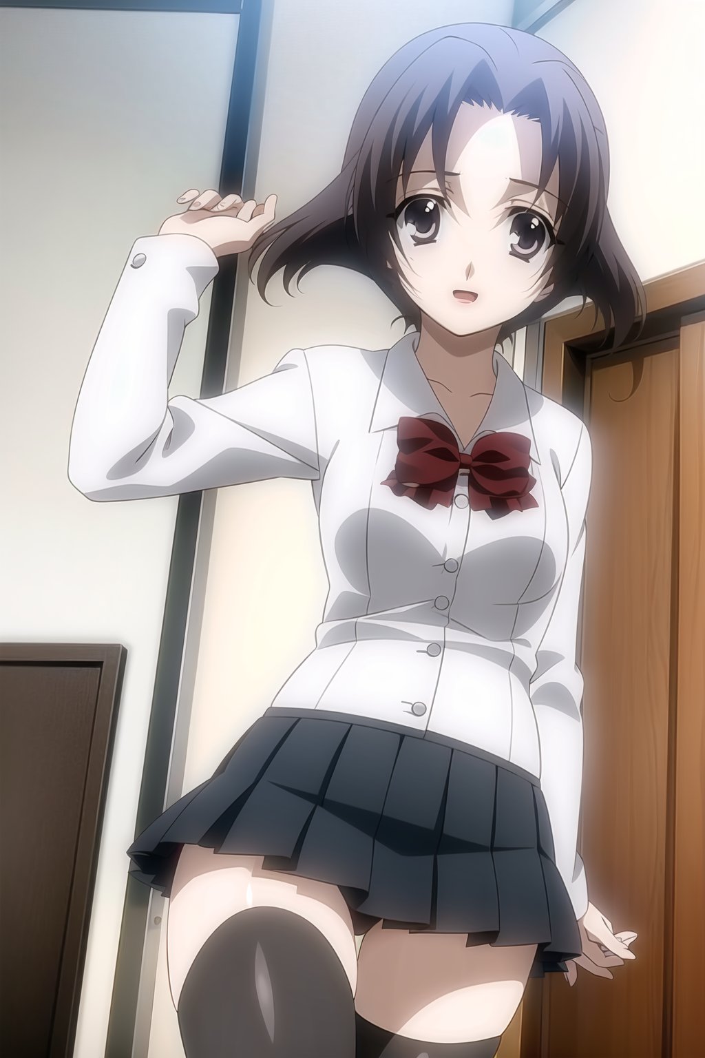 1girl, solo, (young woman, 16 years old), minami obuchi, short_hair, brown_hair, bangs, grey eyes,BREAK (waist-length skirt), thighhighs, school uniform, shoes, black thighhighs, zettai ryouiki, bow, red bow, white shirt,BREAK looking at viewer, standing, solo_female<lora:EMS-407829-EMS:0.800000>, <lora:EMS-29471-EMS:0.300000>