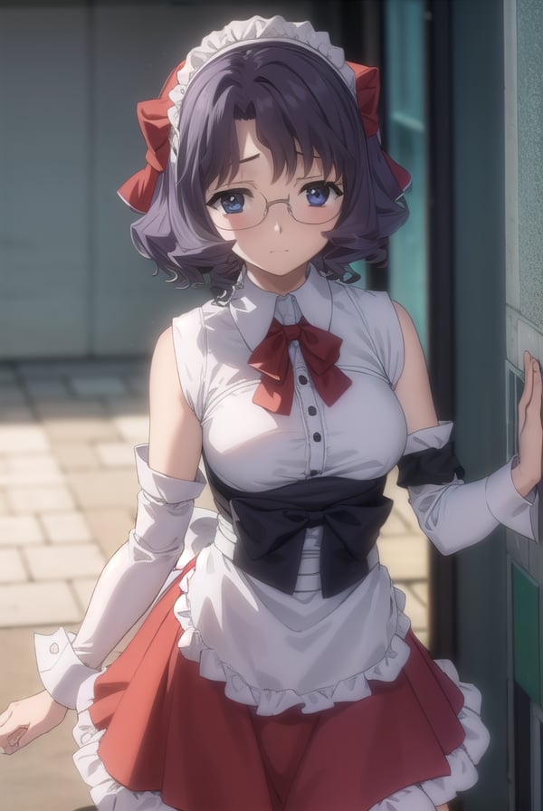 aiyamagata, <lora:ai yamagata-lora-nochekaiser:1>,ai yamagata, short hair, black hair, glasses, (black eyes:1.5),BREAK bow, ribbon, maid, maid headdress, waitress, skirt, red skirt, red dress, juliet sleeves, (black bow:1.2),BREAK indoors, cafe,BREAK looking at viewer, (cowboy shot:1.5),BREAK <lyco:GoodHands-beta2:1>, (masterpiece:1.2), best quality, high resolution, unity 8k wallpaper, (illustration:0.8), (beautiful detailed eyes:1.6), extremely detailed face, perfect lighting, extremely detailed CG, (perfect hands, perfect anatomy),