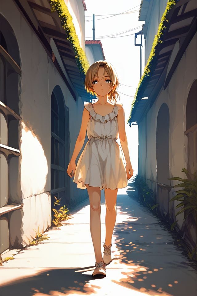 score_9, score_8_up, score_7_up, 1girl, solo, pupils sparkling, light_brown hair, single_hair_intake, pompadour, silver eyes, flat chest, walking, beautiful background <lora:Menyoujan_PonyXL_style_v01.06.01:1>