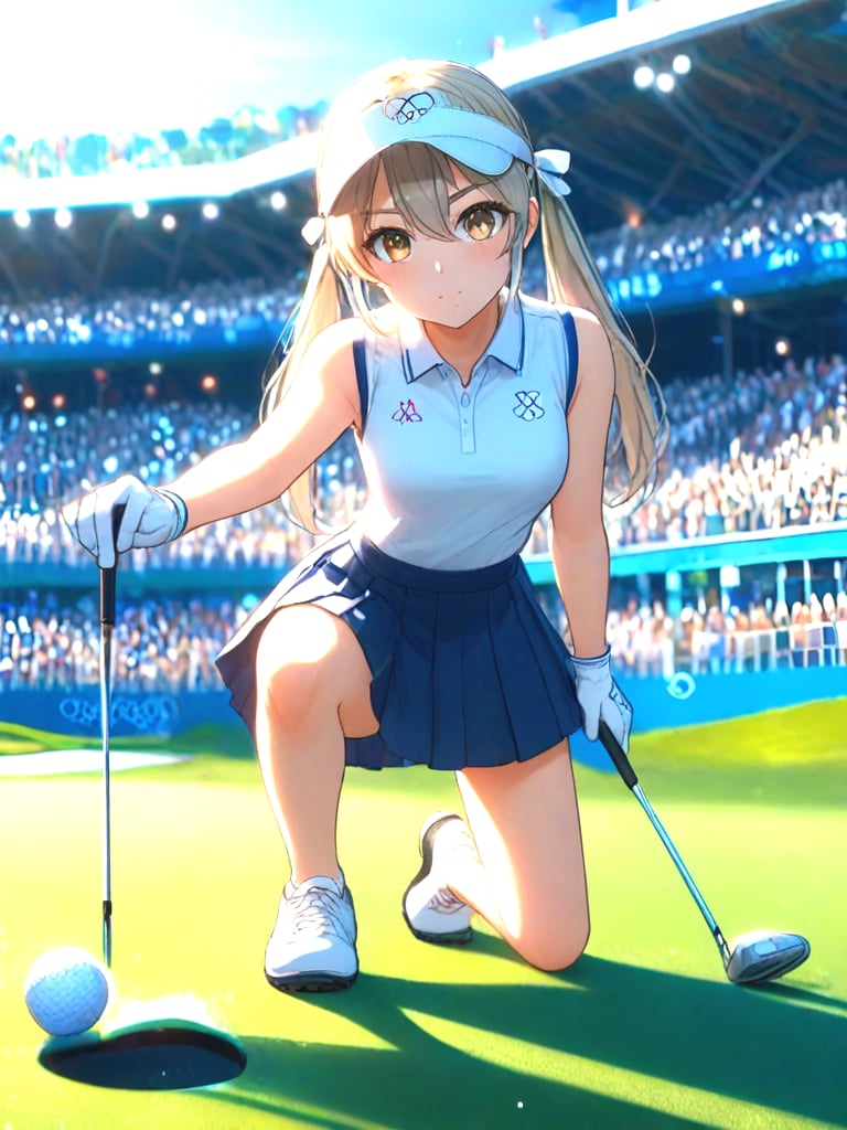 source_anime, playing golf, holding golf club stick, golf course, full body, 1girl, kneeling on one leg, leaning forward, olympic rings, gloves, visor cap, polo shirt, sleeveless, skirt, shoes, grey hair, blonde hair, golden hair, twintails, ribbon, big tits, outdoors, ball, <lora:girllikeplayinggolf_pony:0.9>