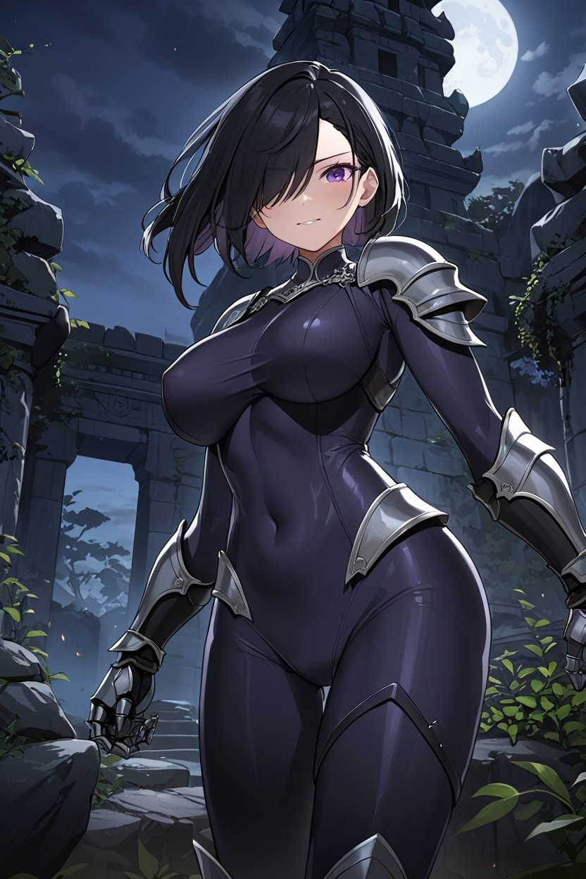 highres, official art, detailed face and eyes, face focus, solo focus, cinematic darkness, smug woman, large breasts, wide hips, short black hair with sideswept bangs, hair over one eye, violet eyes, skintight bodysuit, armored gauntlets and greaves, overgrown stone temple, (night)+,<lora:detail:0.6>